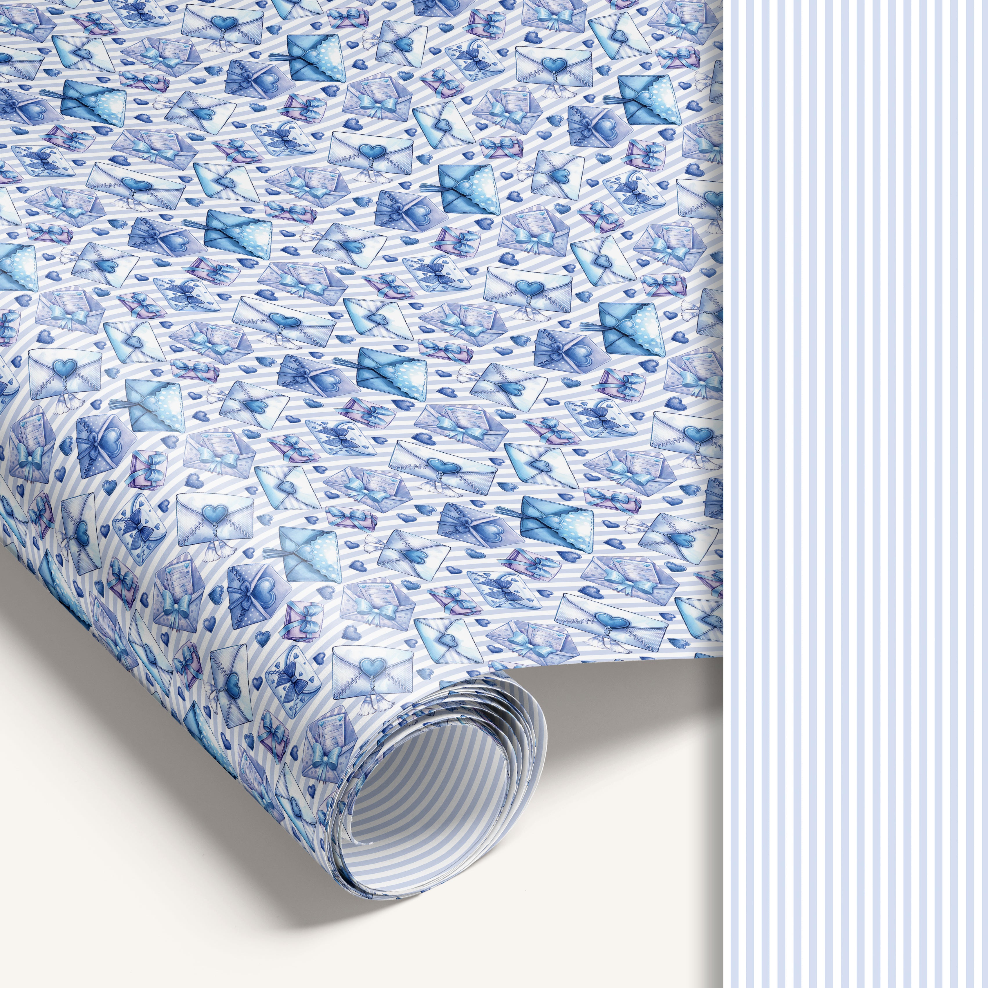 Blue Sealed with Love Valentine's wrapping paper with wax seals and romantic love letter design with blue stripe reverse side