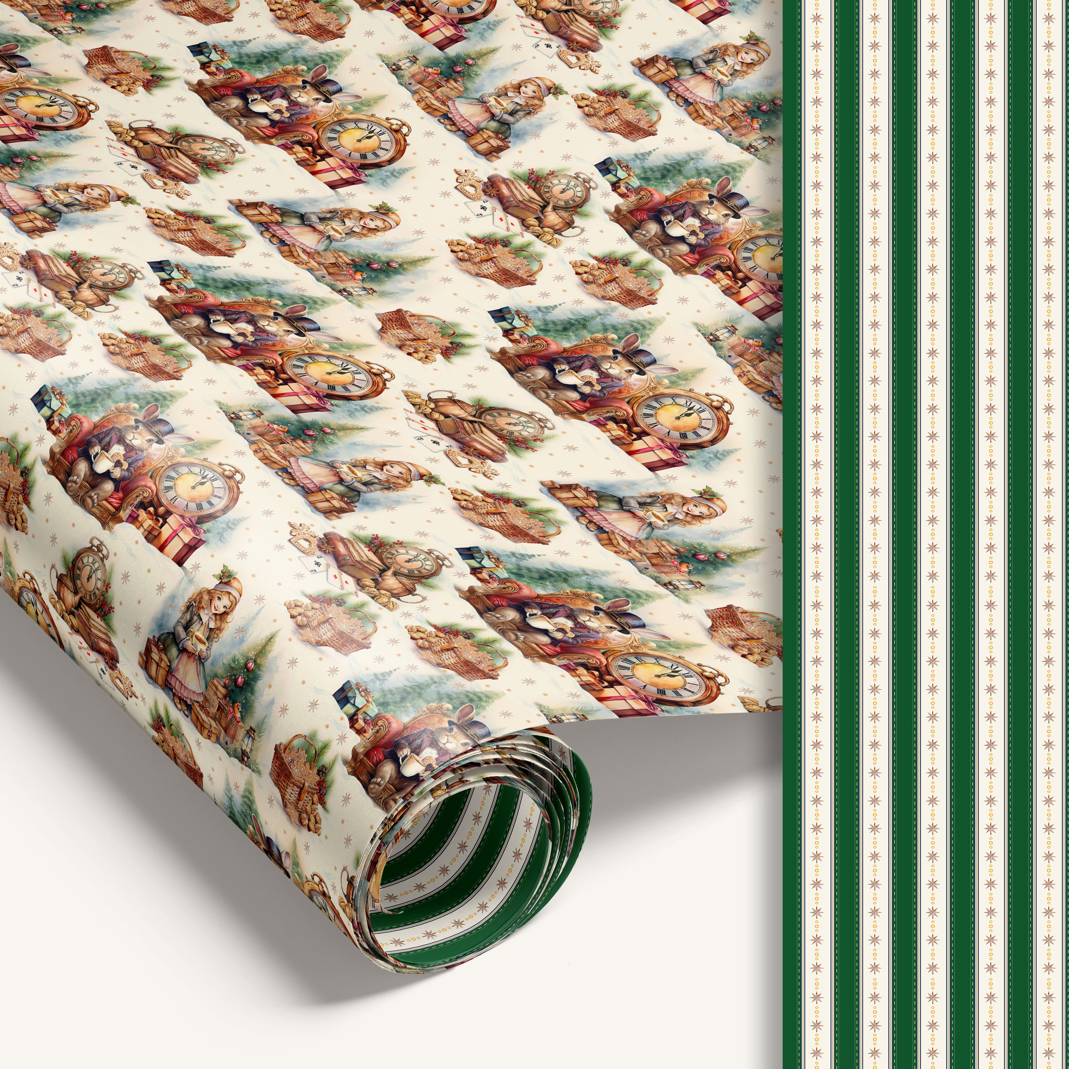 Twelve Strikes of Magic double-sided holiday wrapping paper featuring illustrated Christmas scene on one side and vintage green stripe design on the reverse.