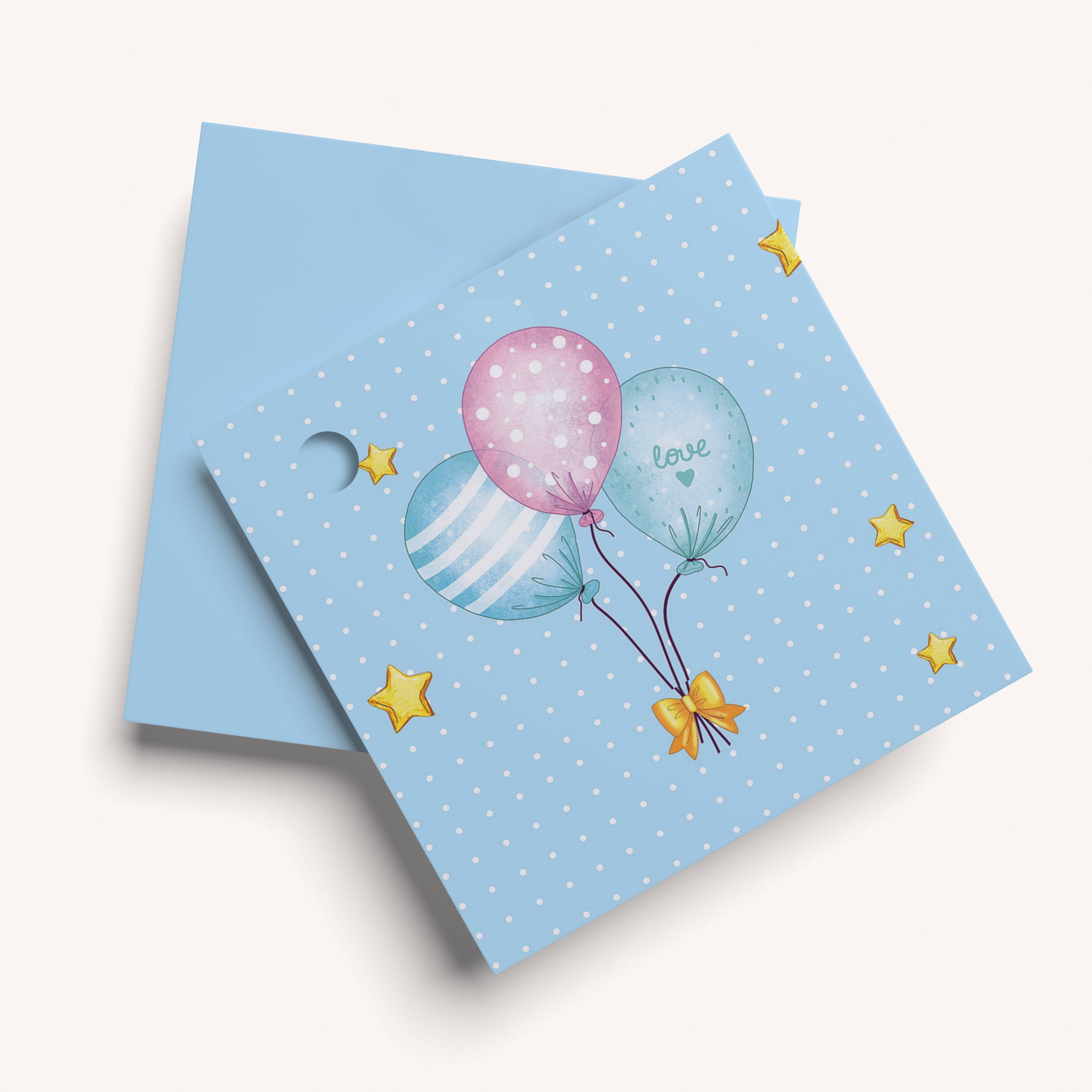 Blue gift name tag with balloons and stars
