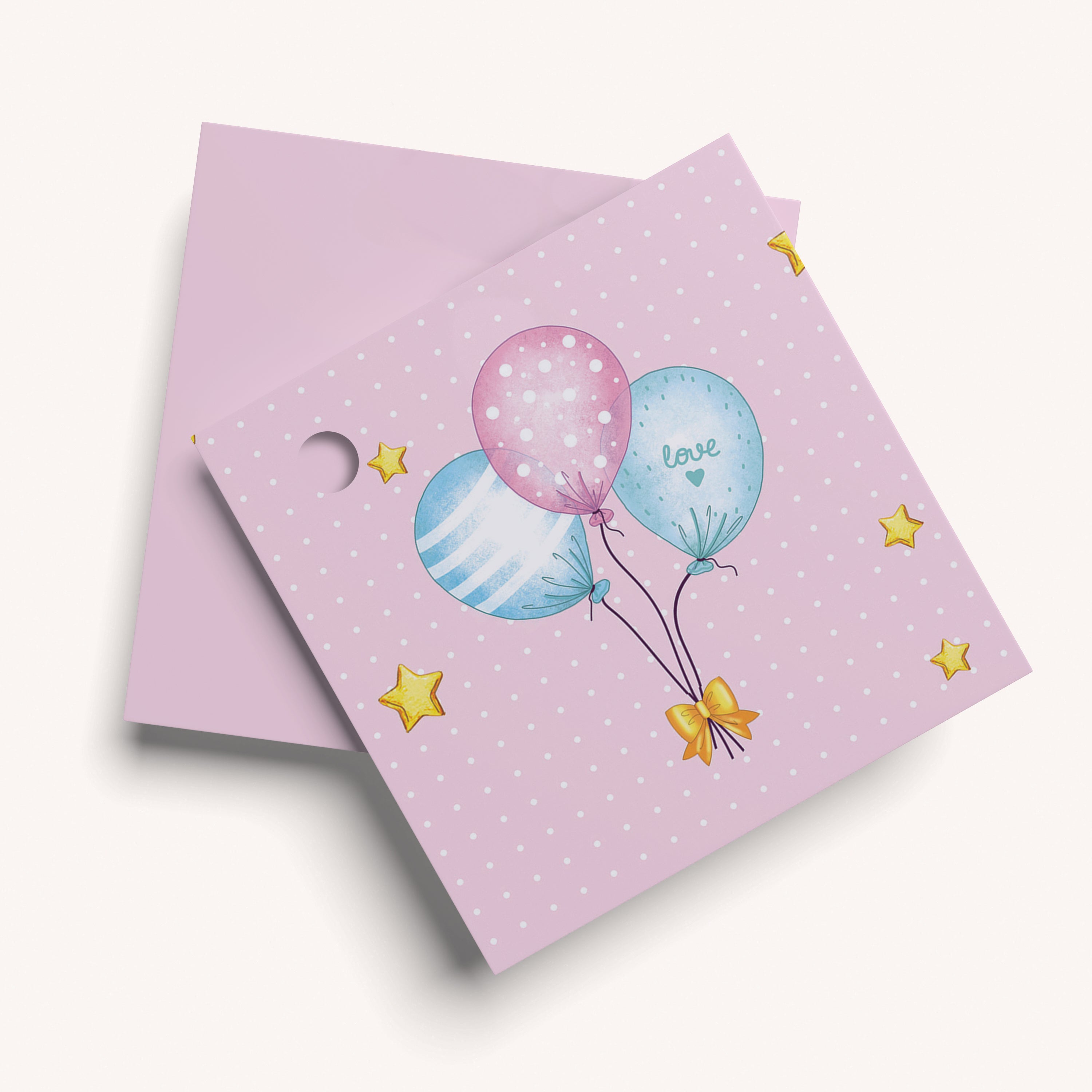 Pink gift name tag with balloons and stars