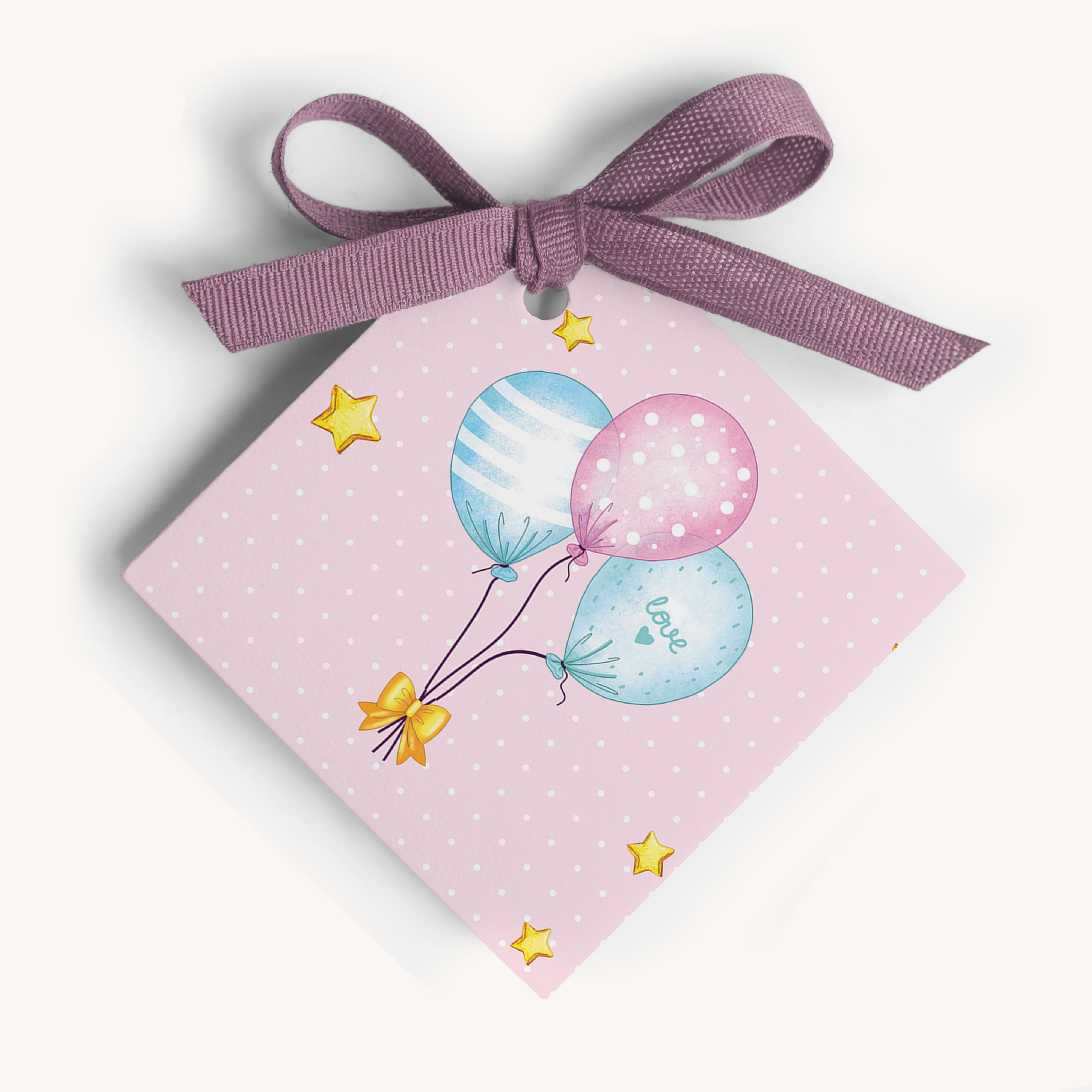 Gift name tag with balloons and vintage pink ribbon