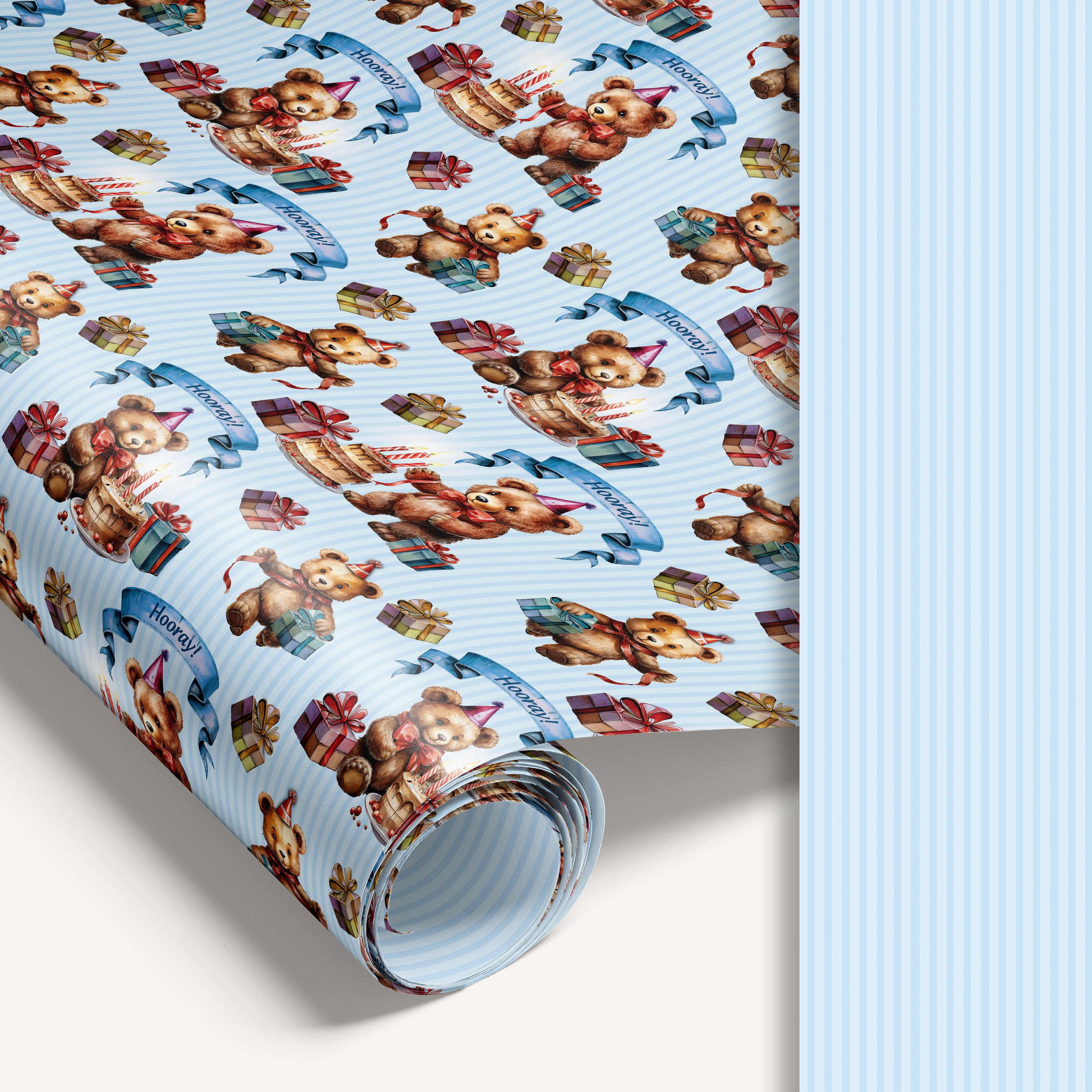 Blue teddy bear wrapping paper with blue stripped reverse side