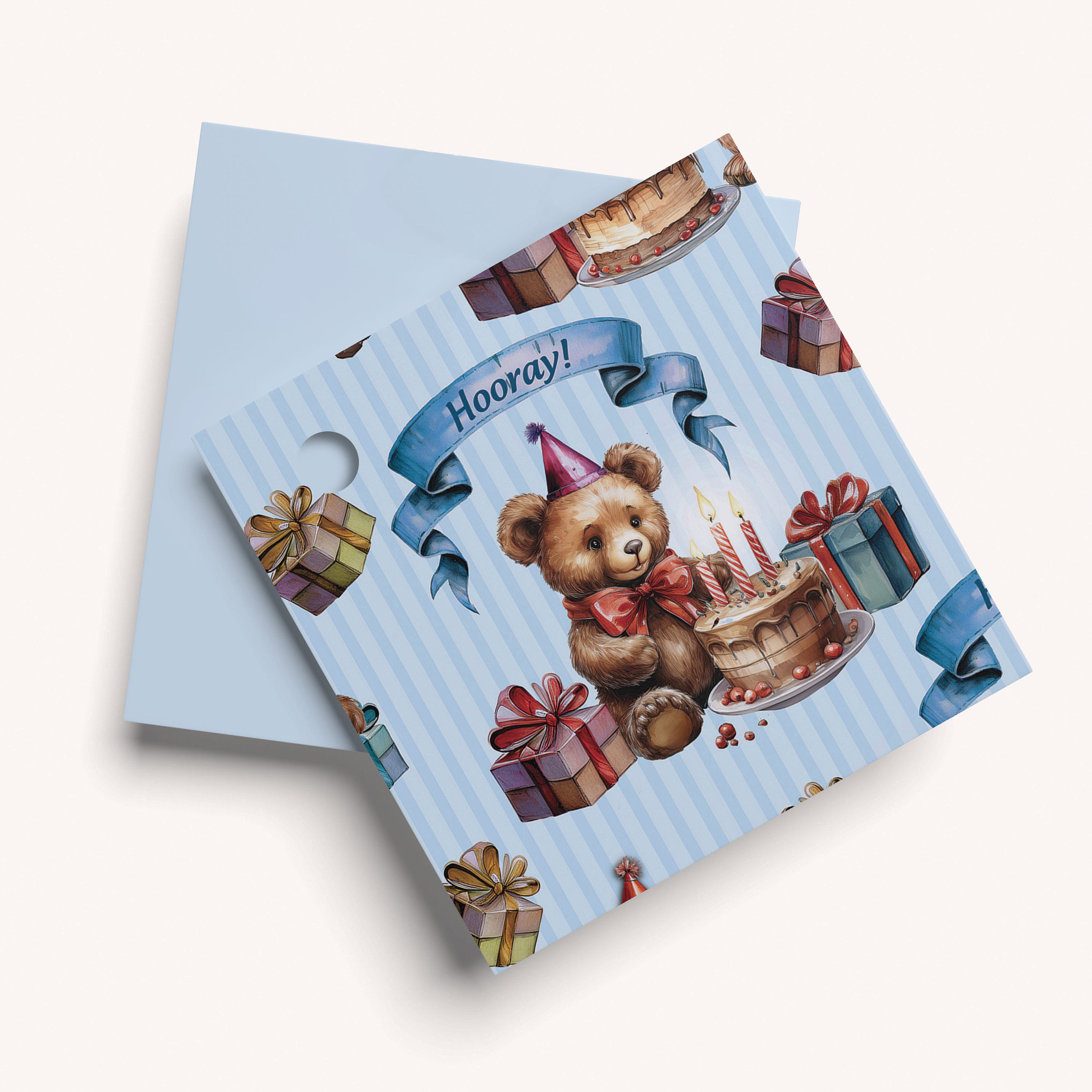 Vintage blue stripped gift name tag with birthday cake and teddy bear design