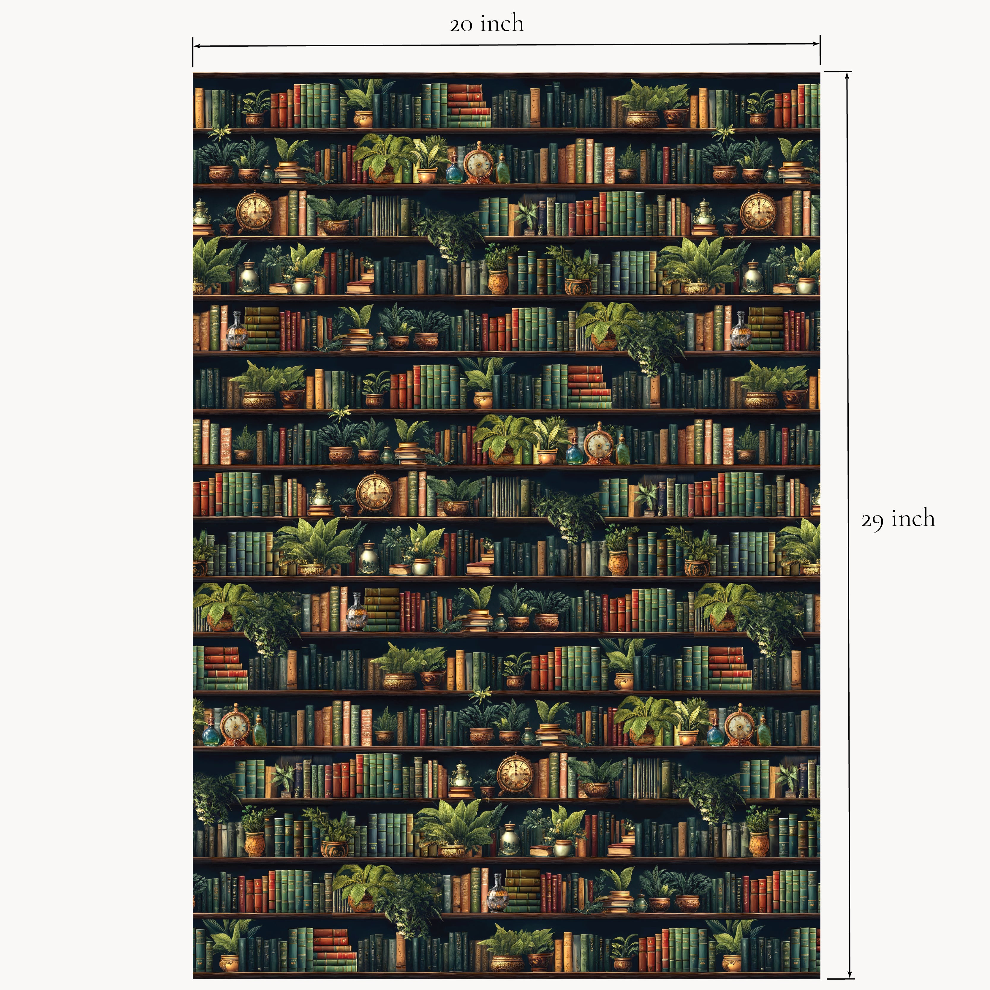 “Secret Library” double-sided wrapping paper sheets shown flat with measurements, featuring illustrated bookshelf design.