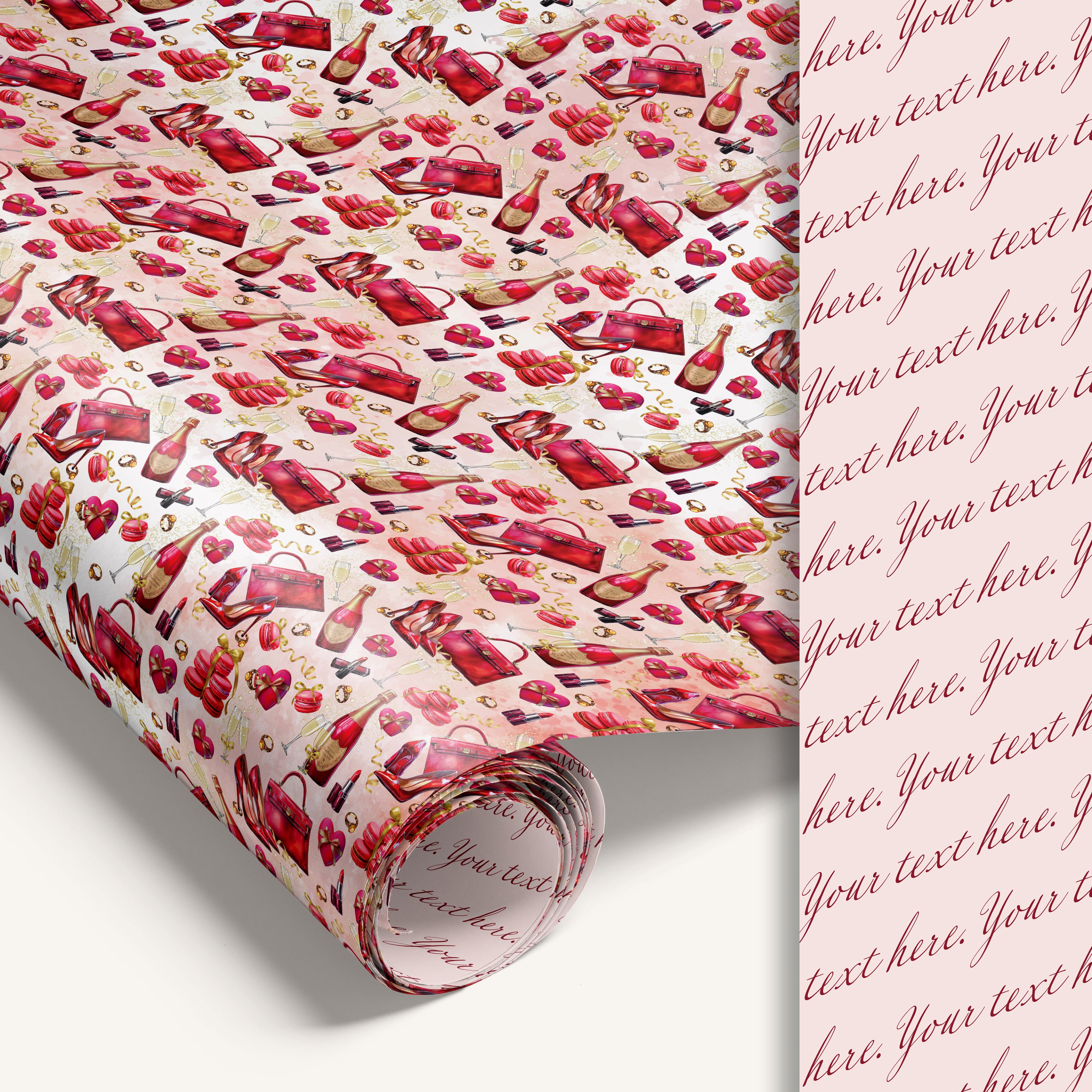 Champagne & Heels Valentine's wrapping paper with champagne glasses and high heels design with custom text on the reverse side