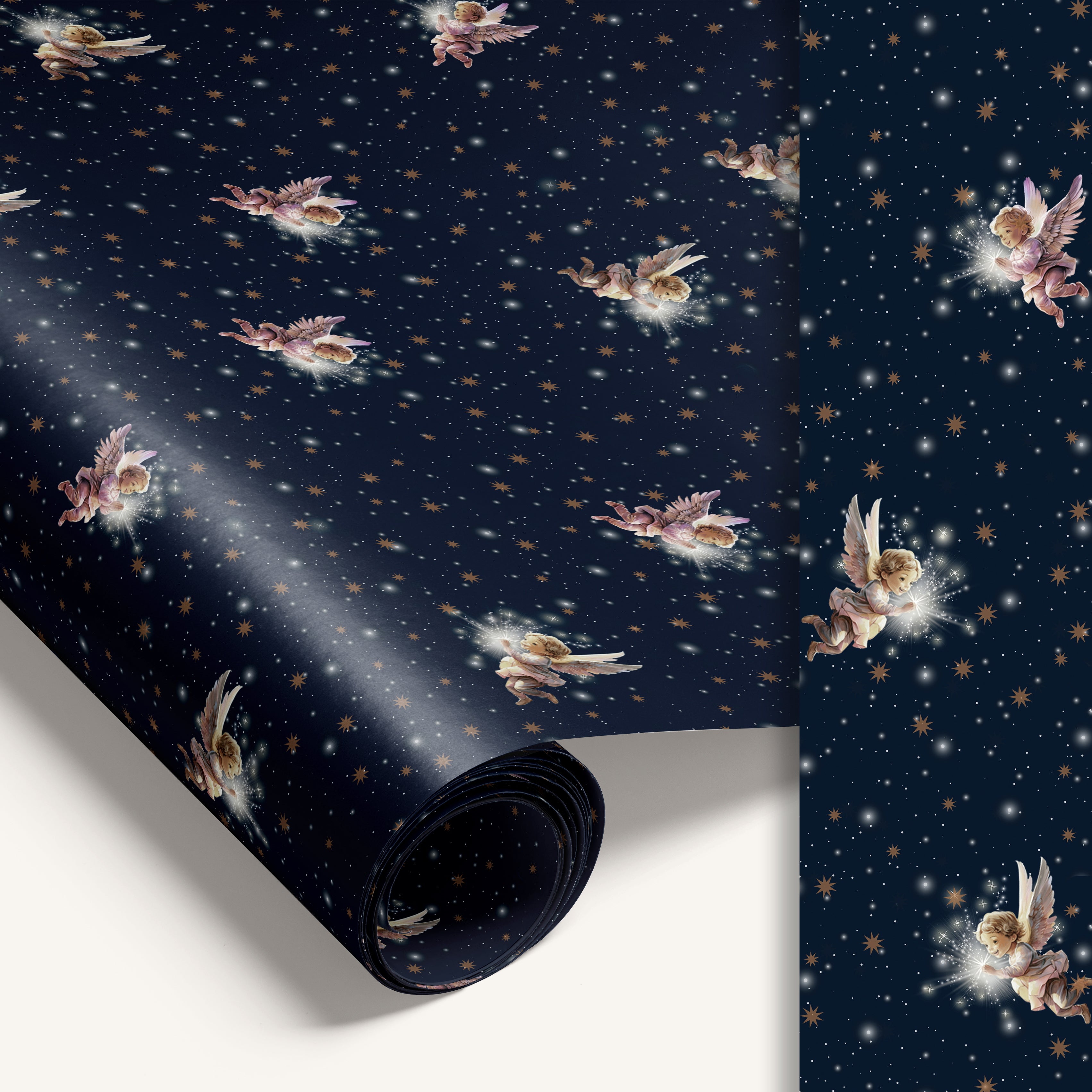“Angel’s Waltz” double-sided wrapping paper featuring angel illustrations printed on both sides against a starry sky design.