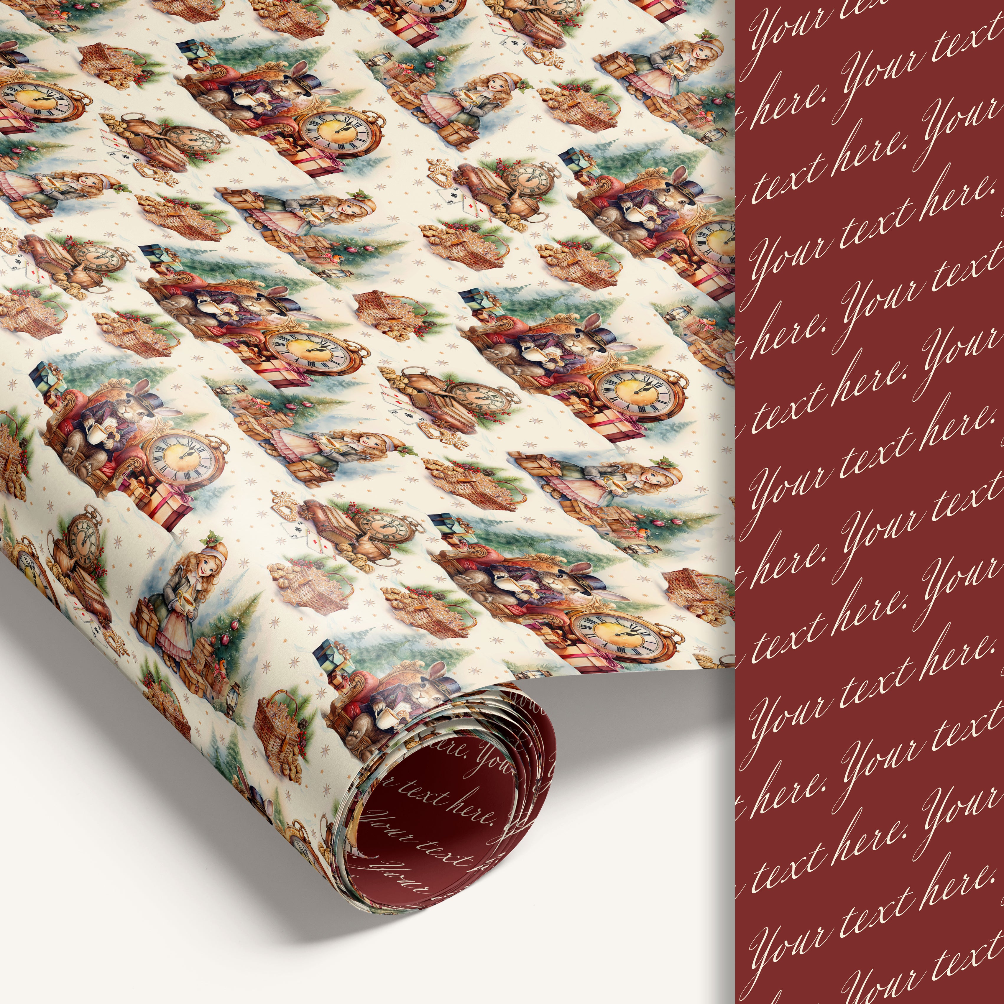 Hand-illustrated double-sided holiday wrapping paper with whimsical storytelling art and optional personalized text on the back.