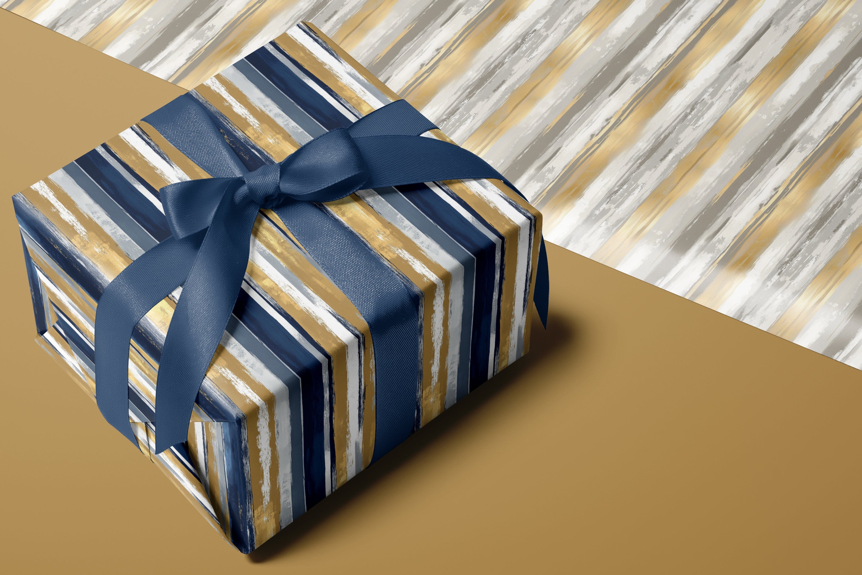Gift box with striped paper and blue ribbon on a brown background