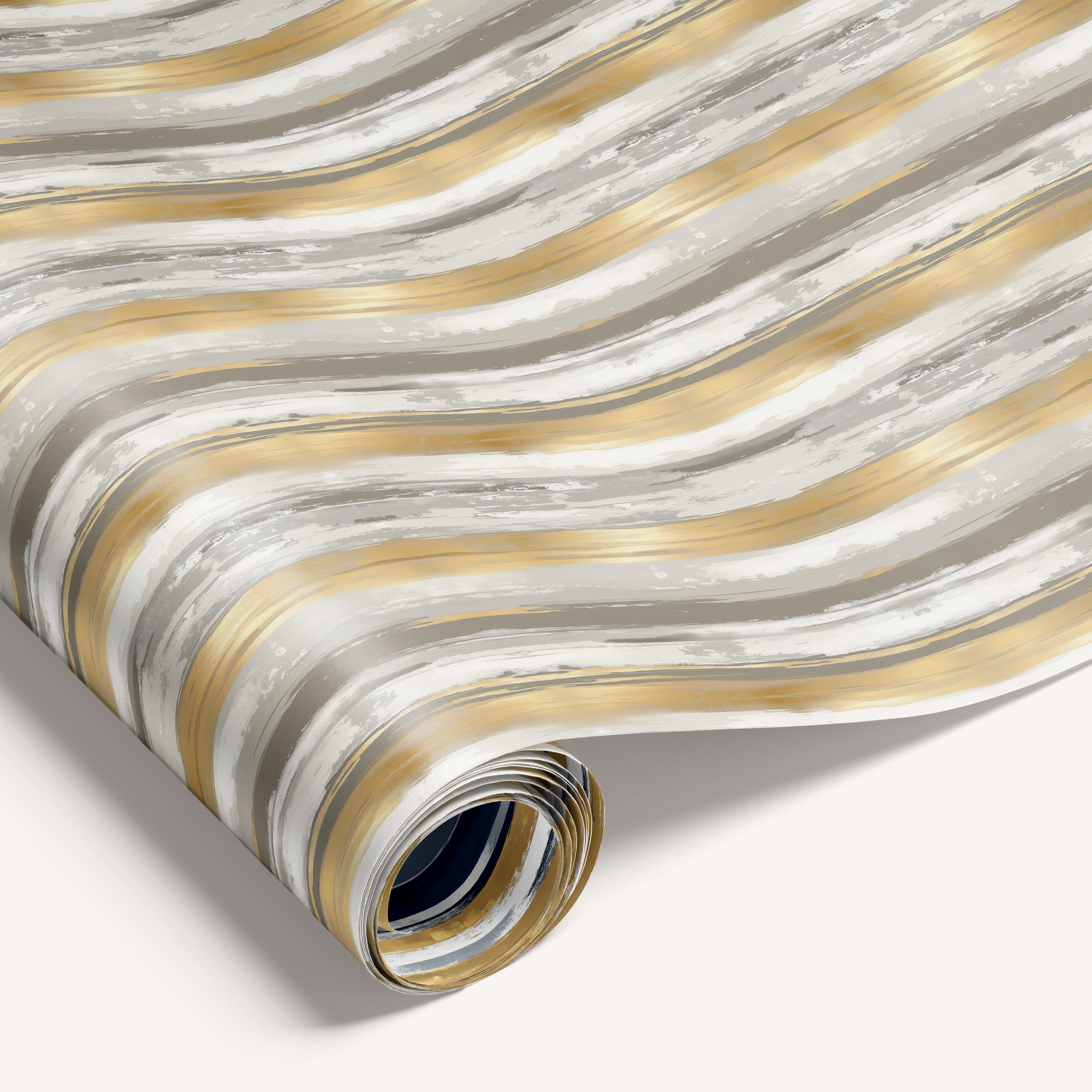 Gilded Brush double-sided wrapping paper featuring gold and gray stripes on one side and silver and navy stripes on the reverse.