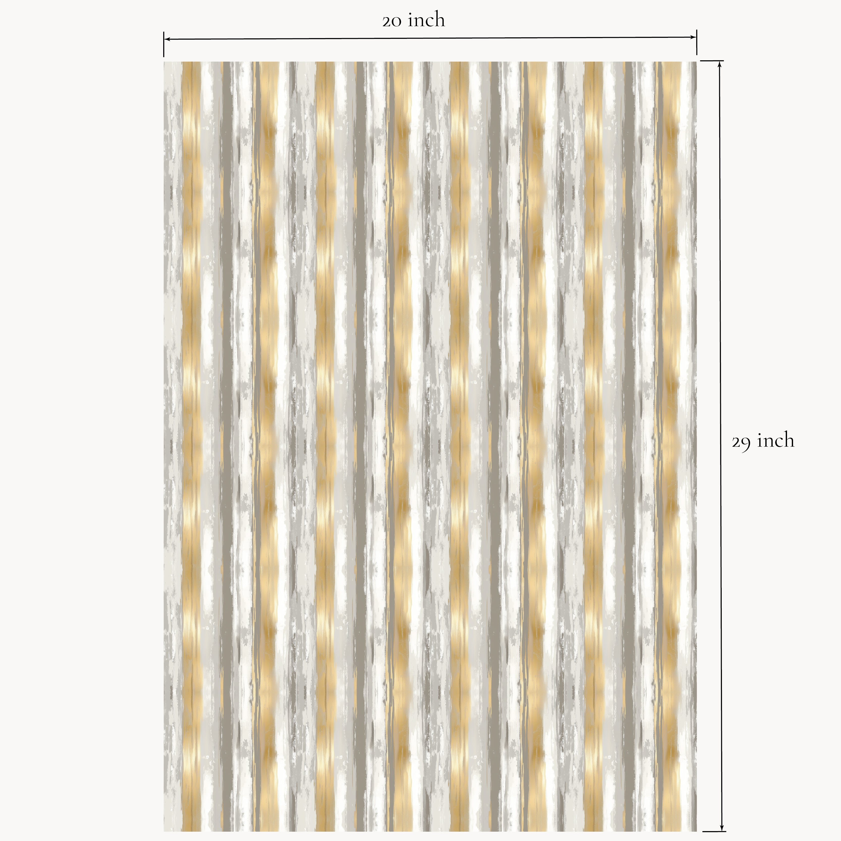 Gold, silver, gray, and white striped wrapping paper sheets shown flat with printed measurements.
