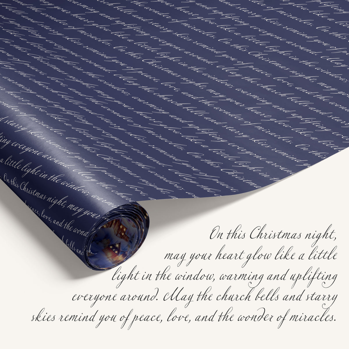 Double-sided winter village wrapping paper featuring a twilight village illustration on one side and holiday text on the reverse.