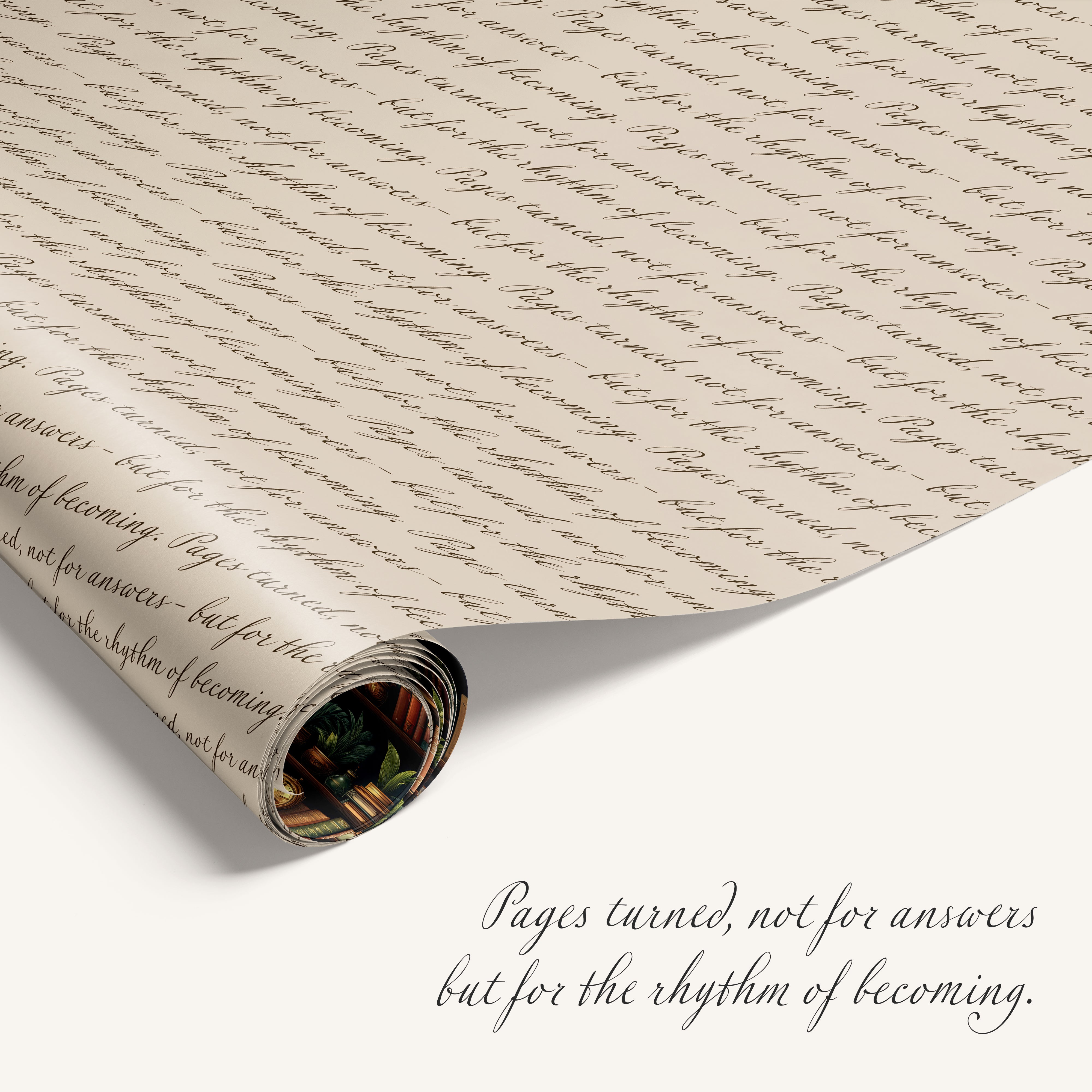 “Secret Library” double-sided wrapping paper featuring illustrated bookshelf design on one side and beautiful text on reverse.