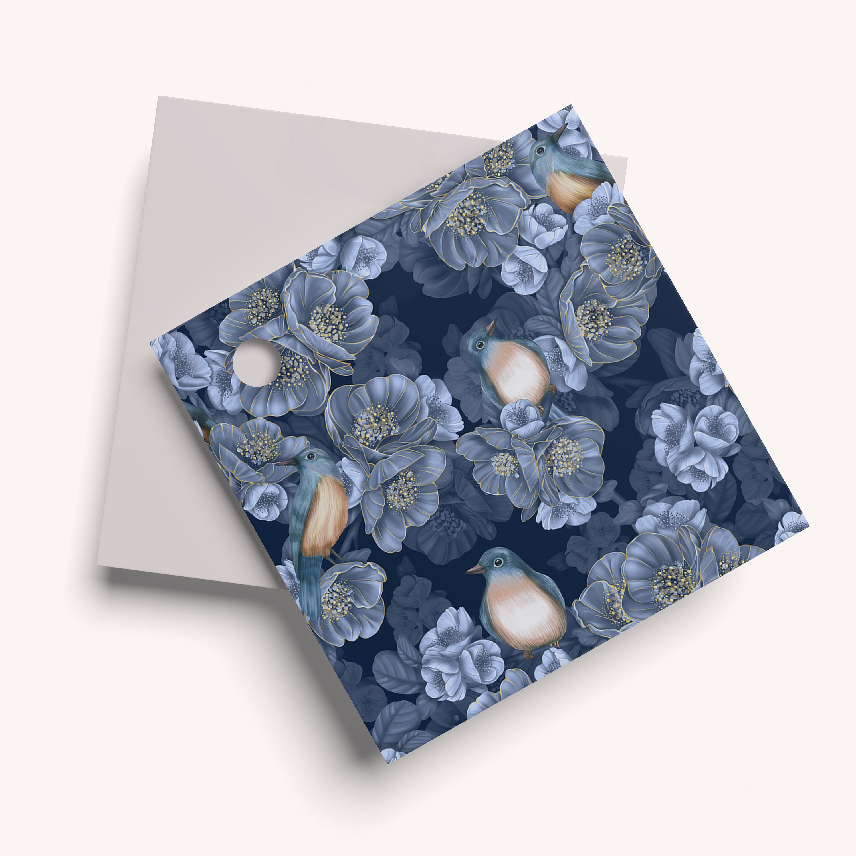 Floral and bird patterned name tag.