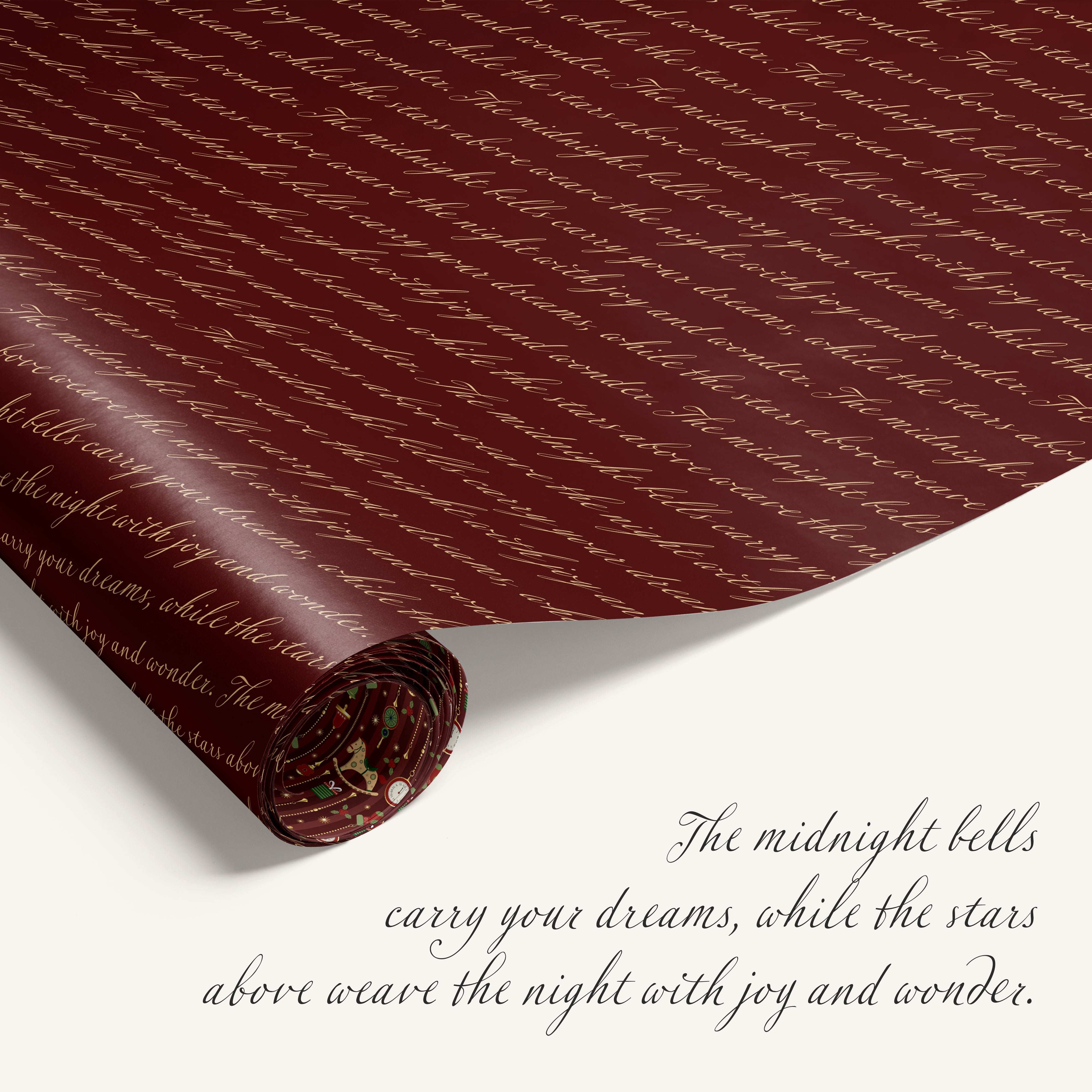 “Midnight Carousel” double-sided holiday wrapping paper featuring red stripe design on one side and holiday text on the reverse.