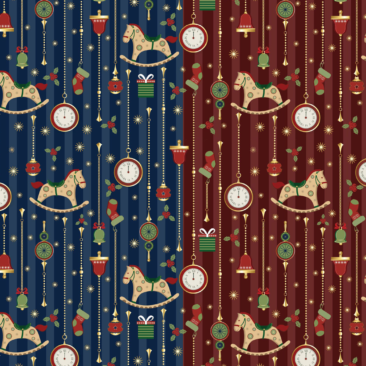 “Midnight Carousel” double-sided holiday wrapping paper featuring rocking horses, clocks, ornaments, and holly on midnight blue and red backgrounds.