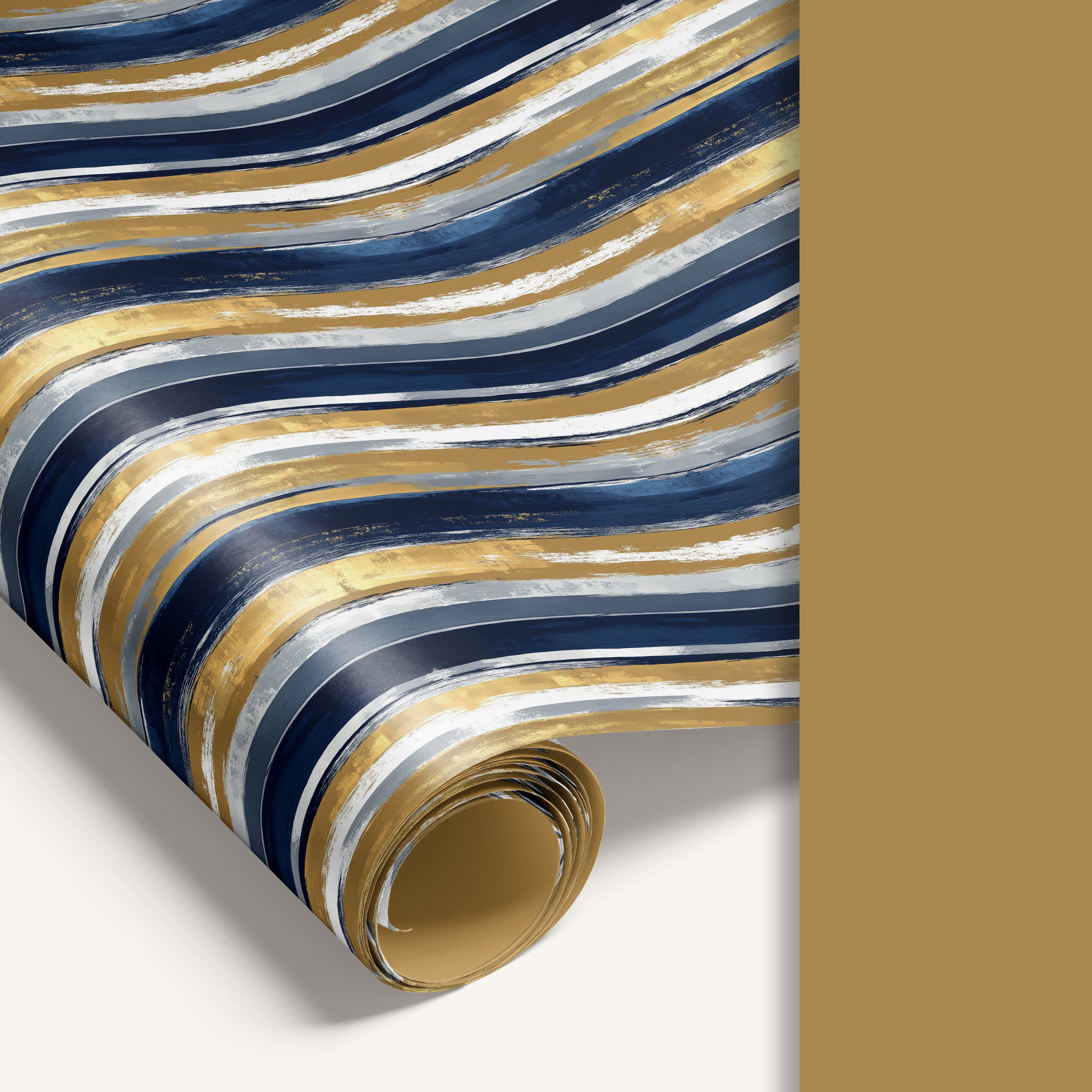 Double-sided wrapping paper featuring navy stripe design on one side and soft pastel gold reverse.