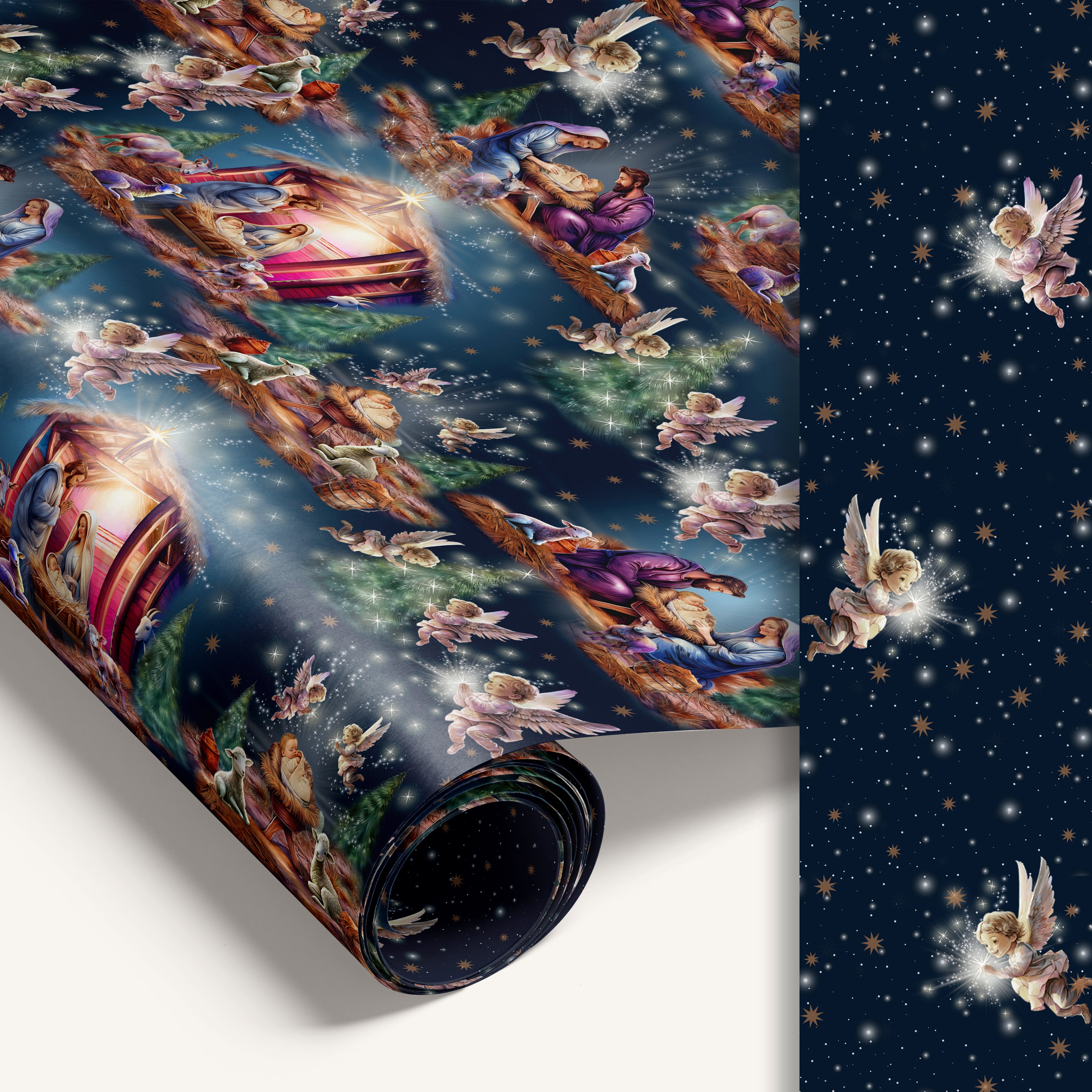 “Nativity Scene” double-sided holiday wrapping paper featuring manger illustration on one side and starry night sky with angels on the reverse.