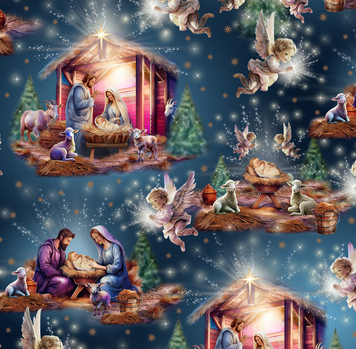 Nativity holiday wrapping paper featuring hand-illustrated manger scene with Mary, Joseph, baby Jesus, angels, and lambs on a deep blue background.
