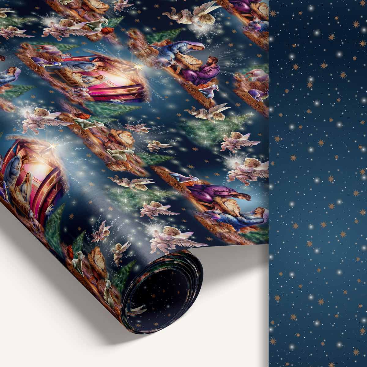 “Nativity Scene” double-sided holiday wrapping paper featuring illustrated manger scene on one side and starry night design on the reverse.