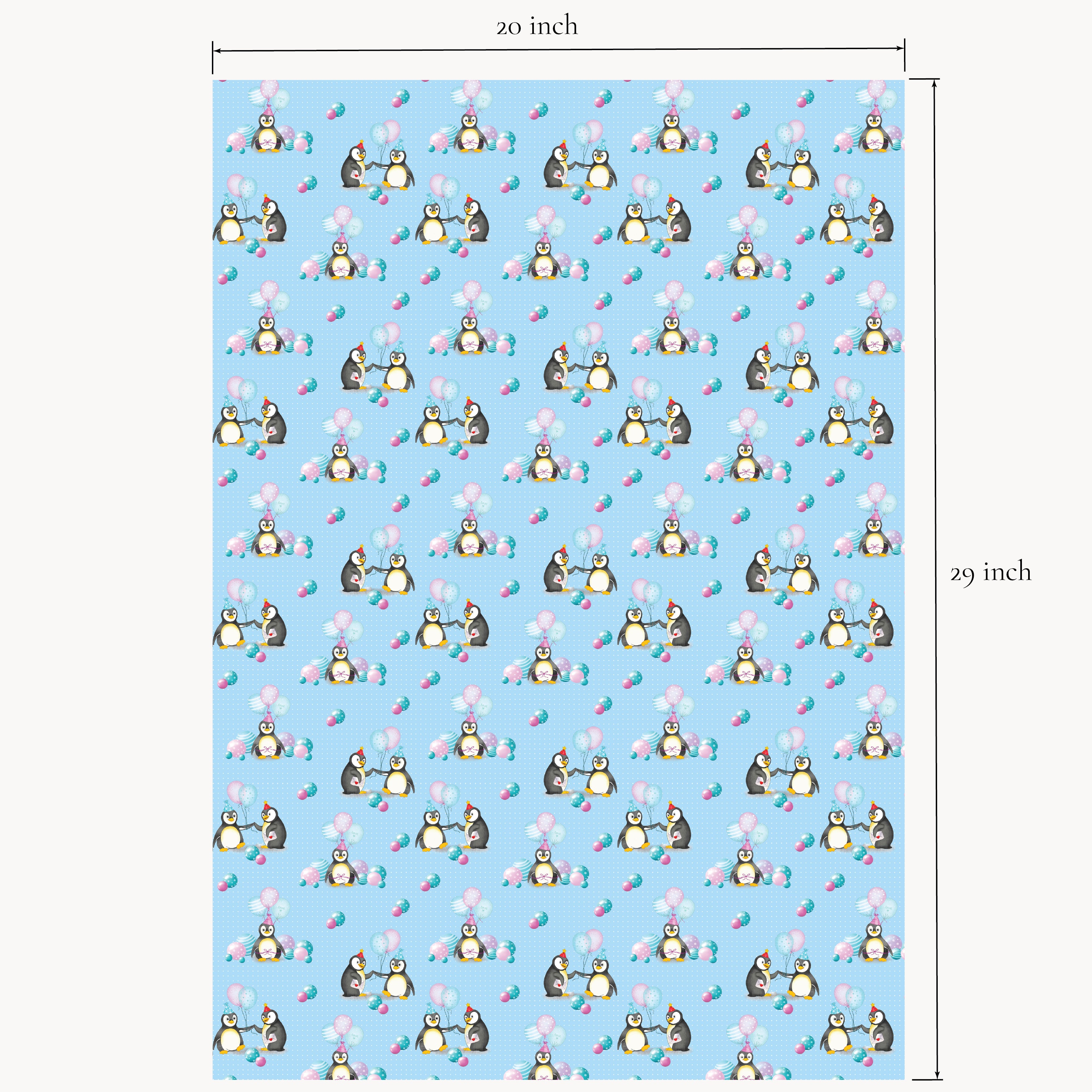 Penguin gift wrap flat sheet with shown measurements of 20x29 inch.