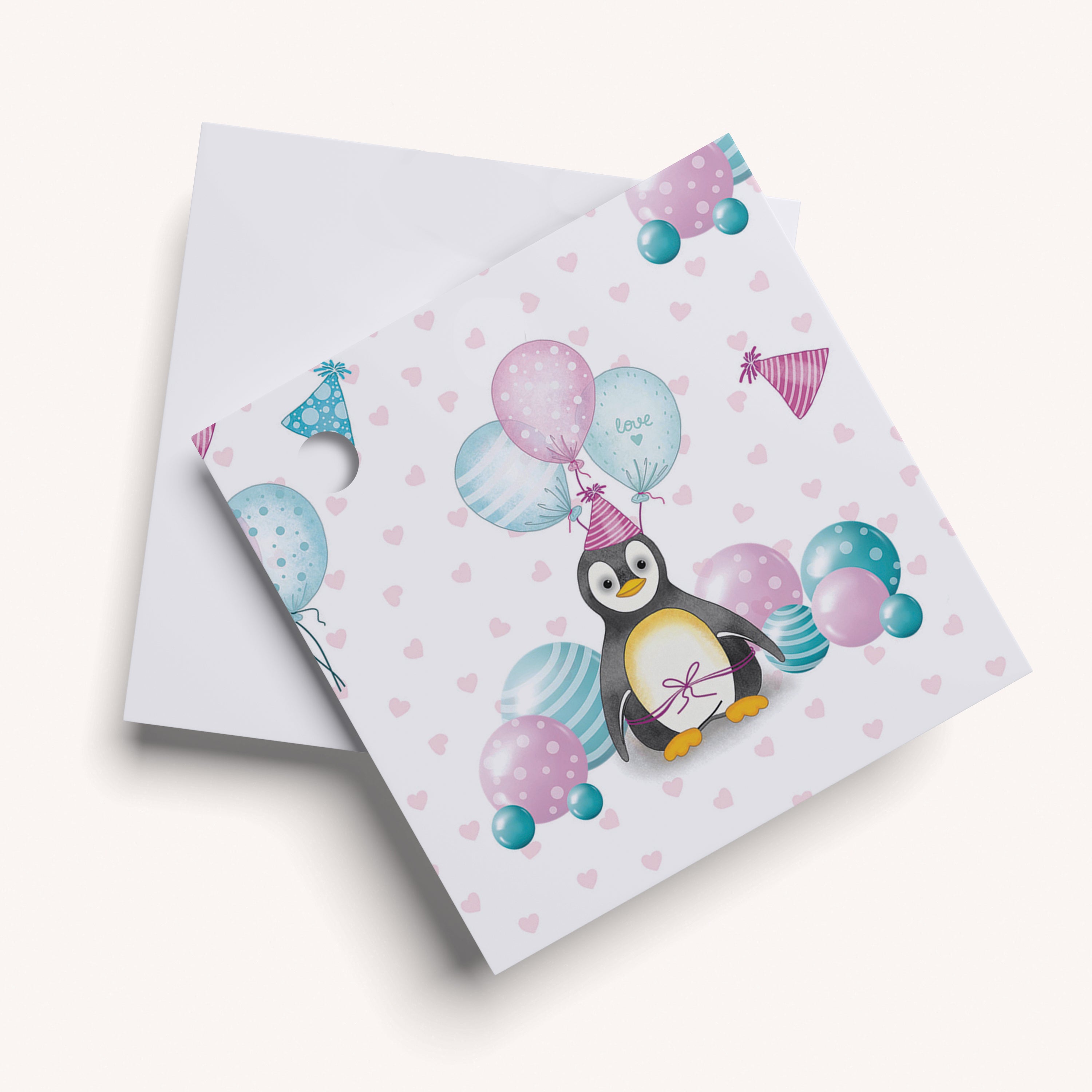 Penguin design gift tag on white background with hearts