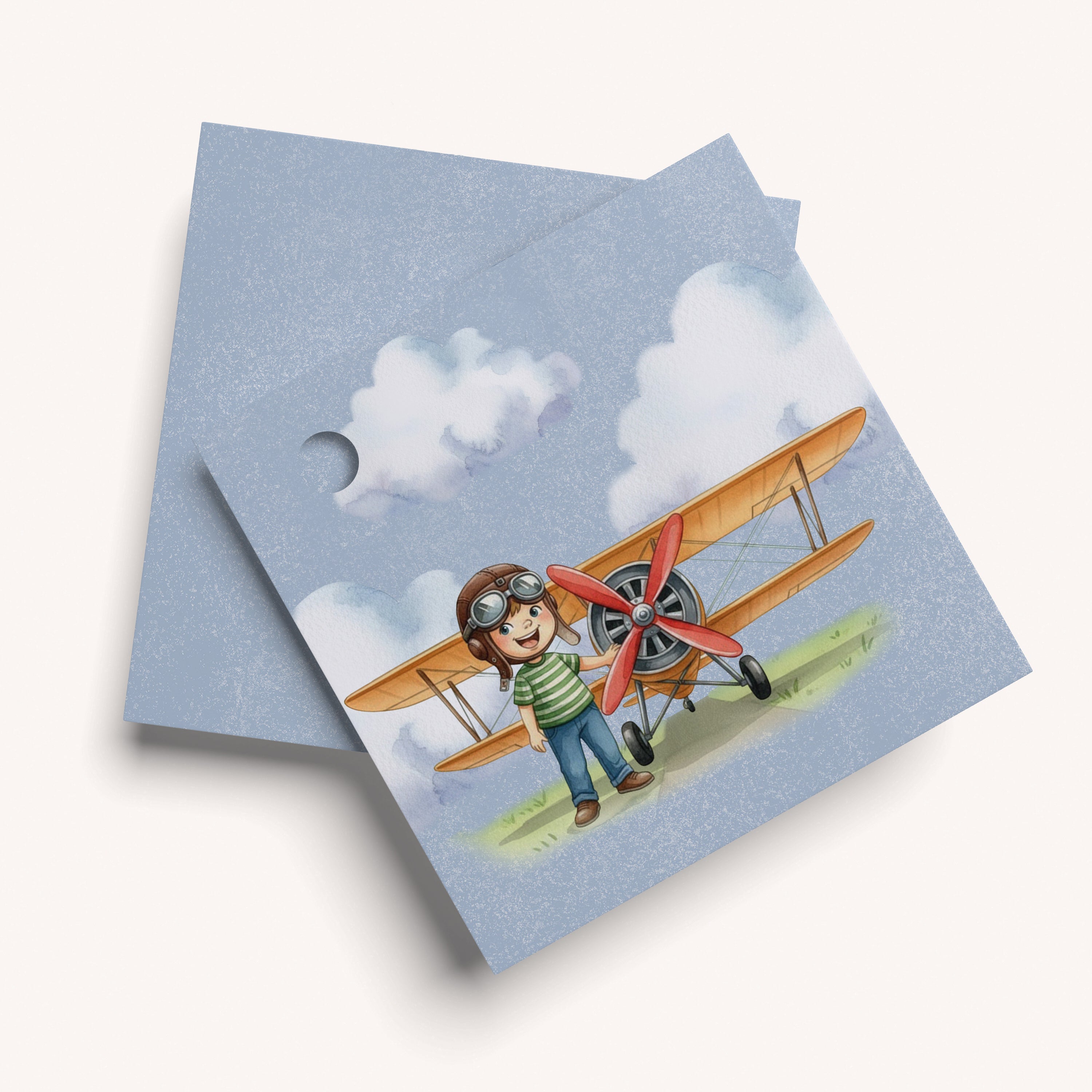 Name tag with a pilot and airplane illustration on a light blue background