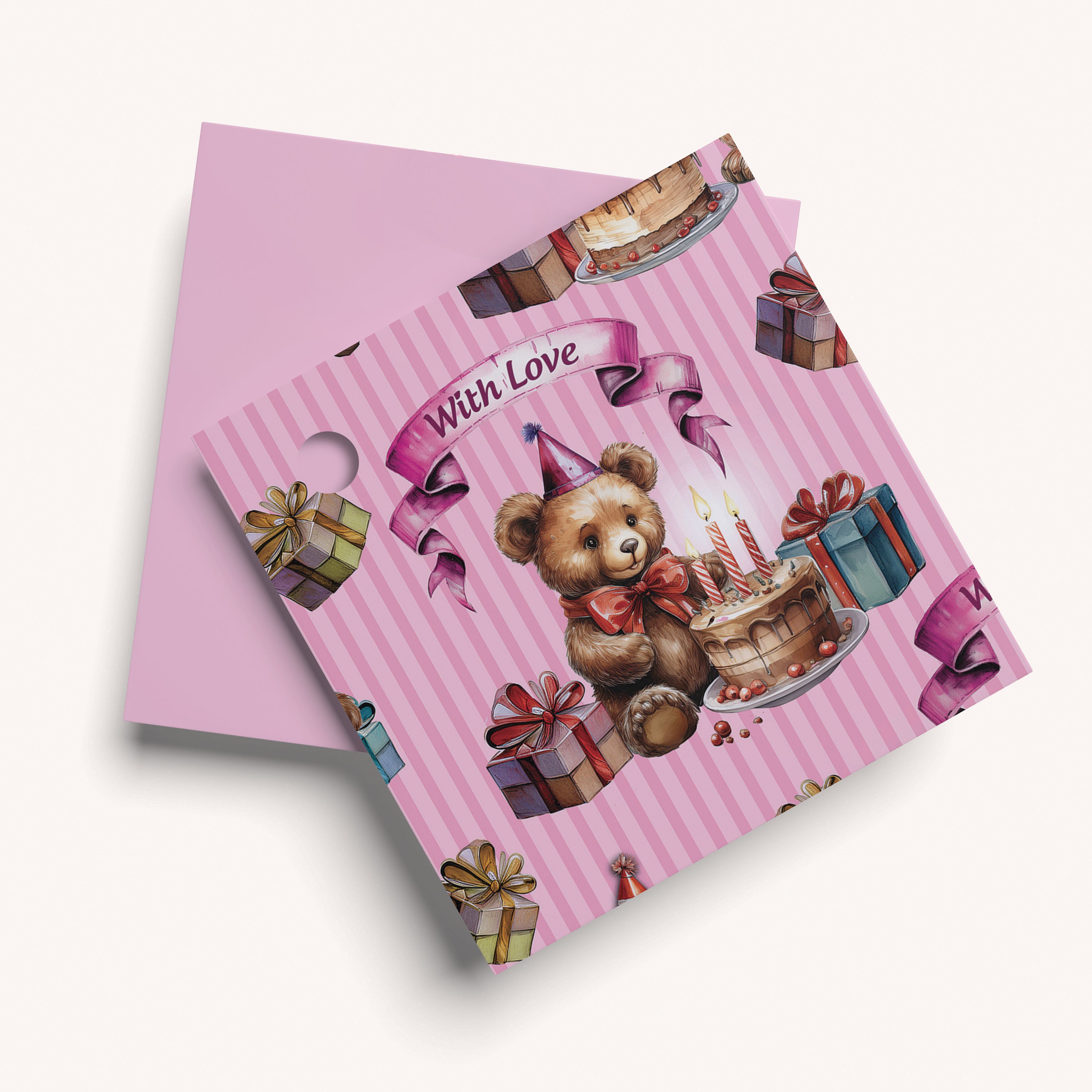 Vintage pink stripped gift name tag with birthday teddy bear design
