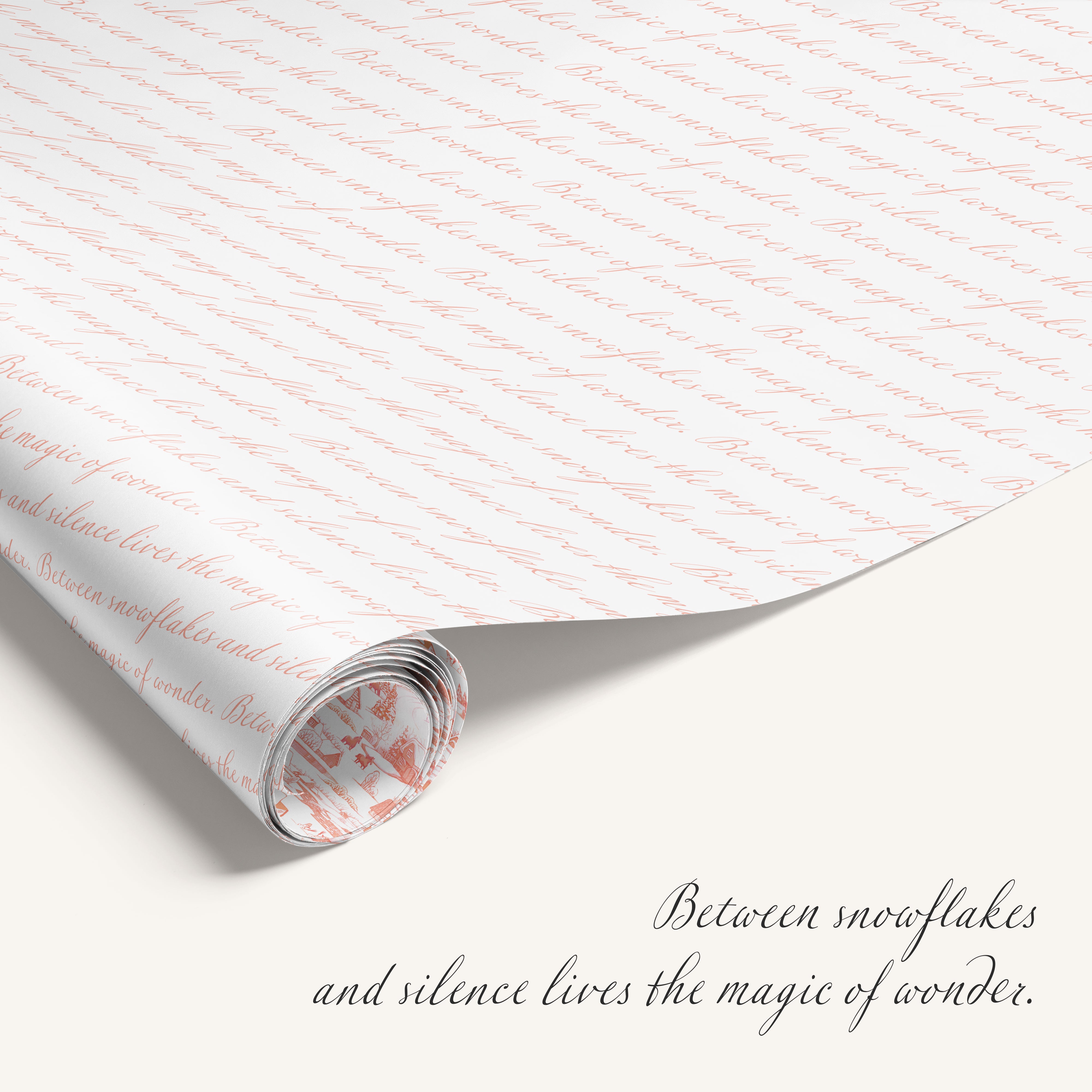 Winter Village double-sided wrapping paper featuring vintage snowy countryside illustration on one side and magical winter snow text on reverse.
