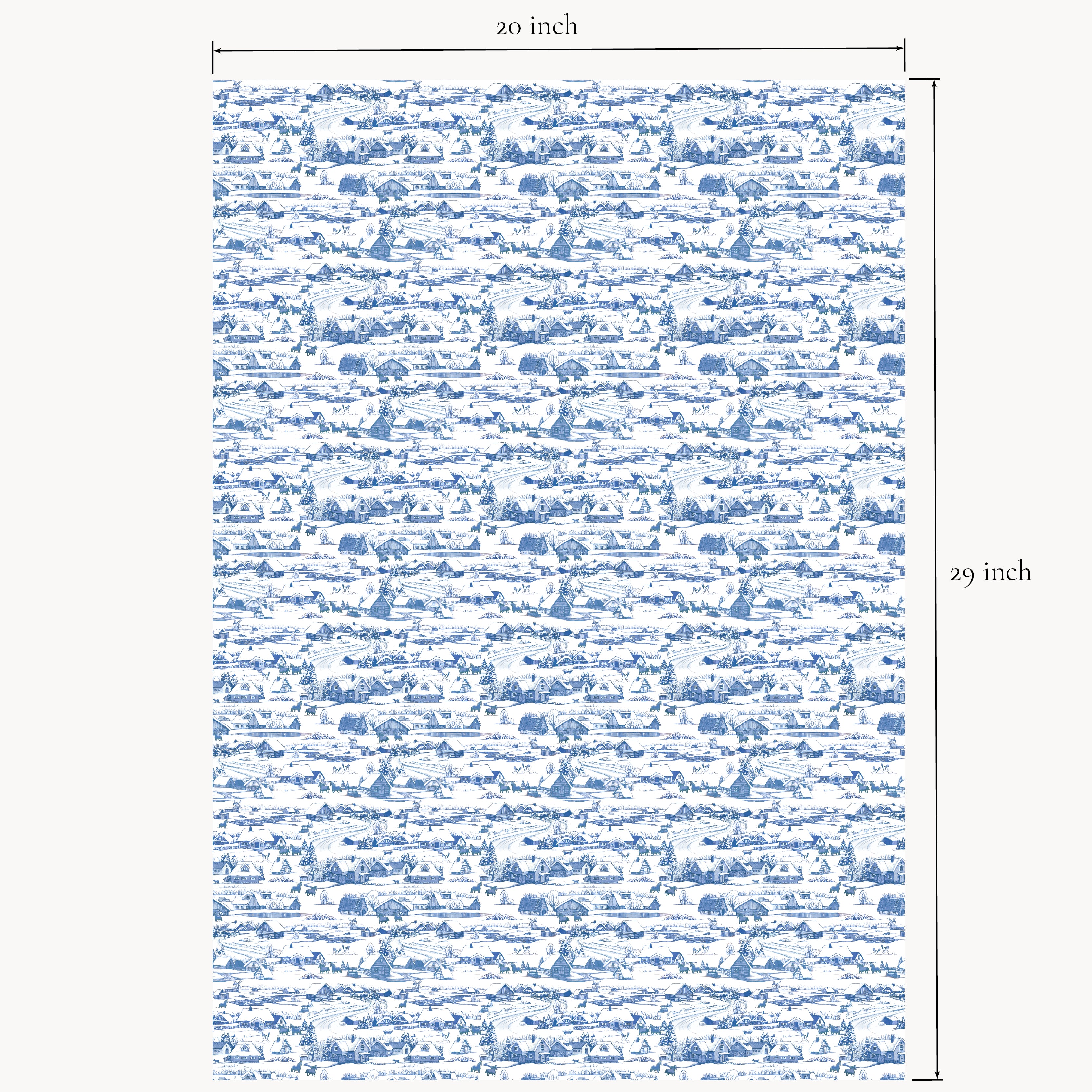 Winter Village wrapping paper sheet shown flat with printed measurements, featuring hand-illustrated snowy cottages and barns in red, blue, and coral color options.