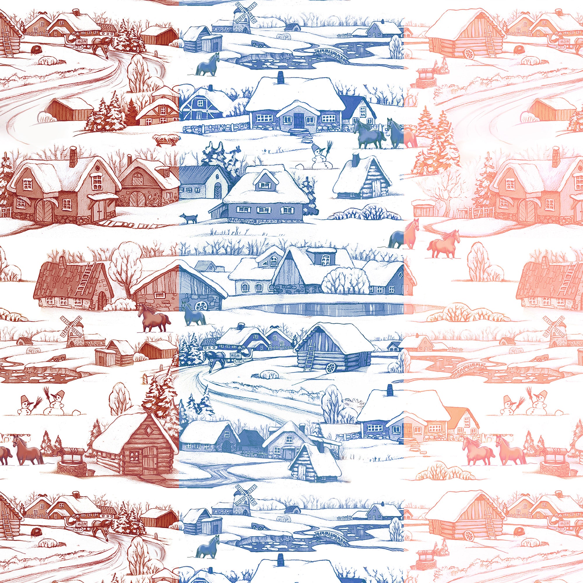 Winter Village holiday wrapping paper featuring hand-illustrated snowy cottages, barns, and horses shown in three color options: red, blue, and coral tones.