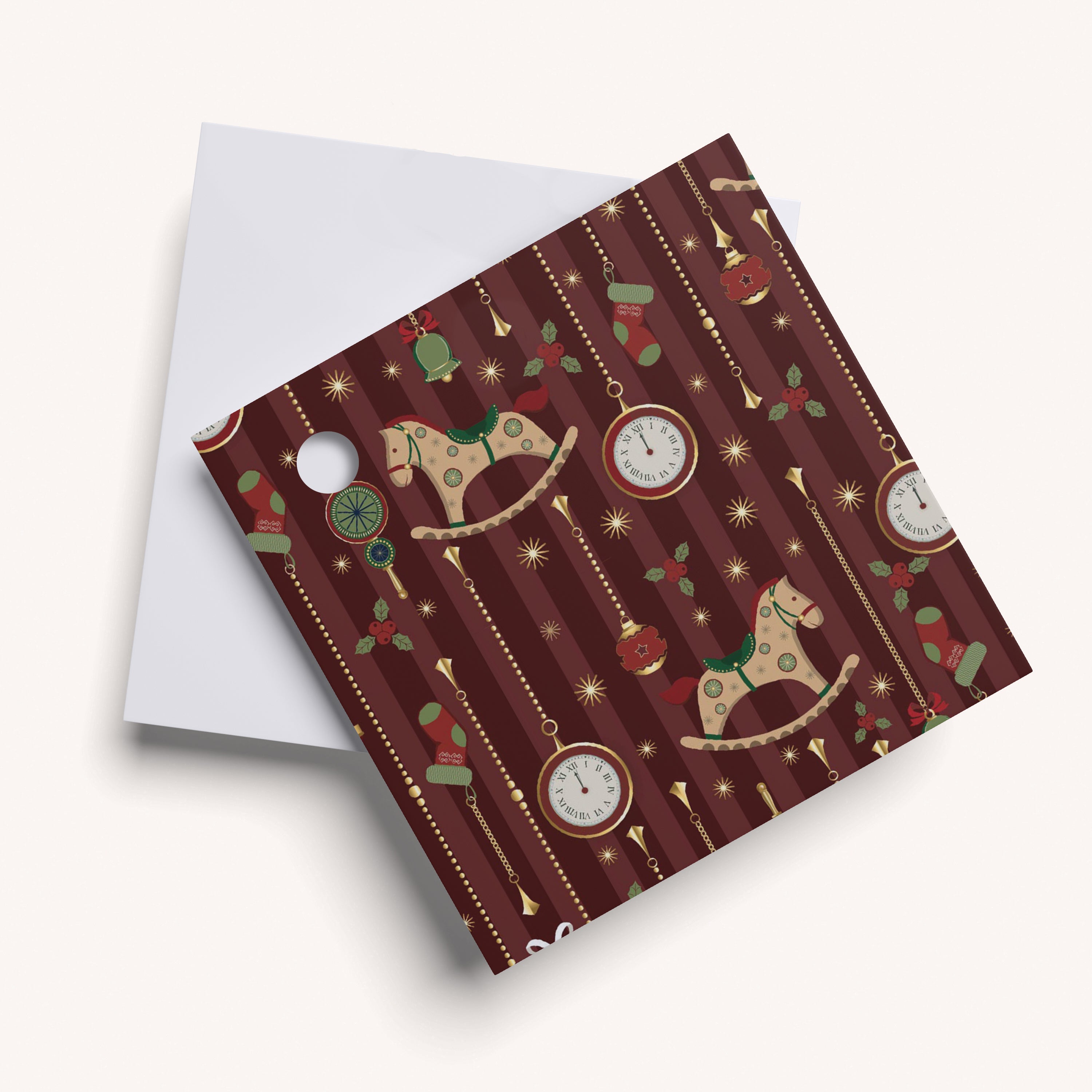 Name tag with rocking horse and clock design on a red background