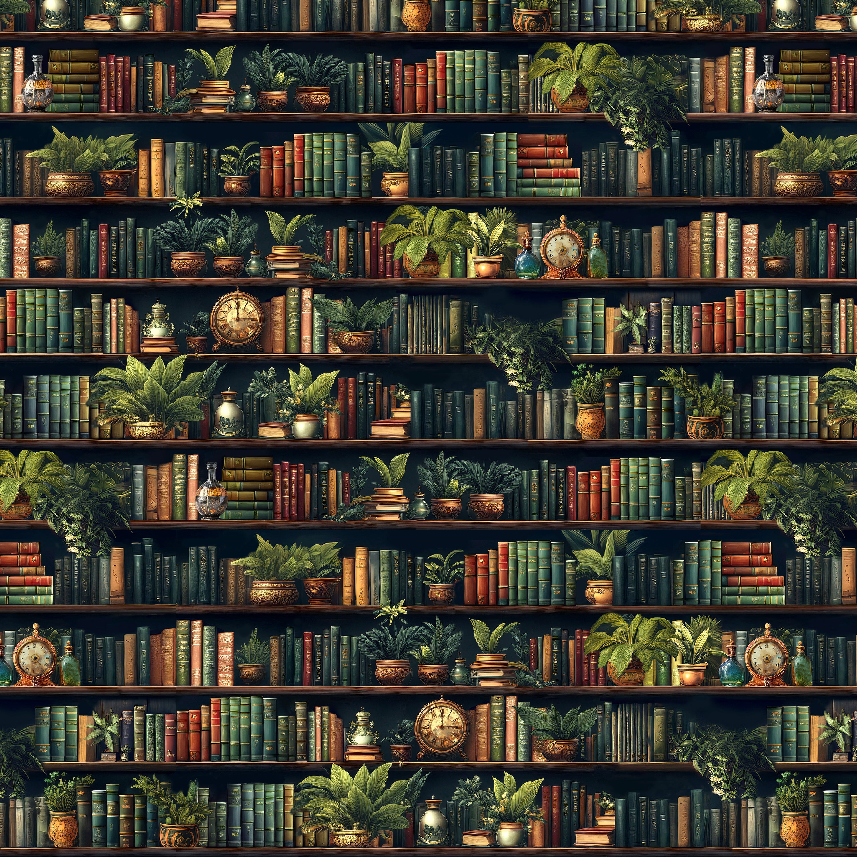 Close-up of “Secret Library” wrapping paper showing detailed illustrated bookshelf design with rich colors and fine print texture.