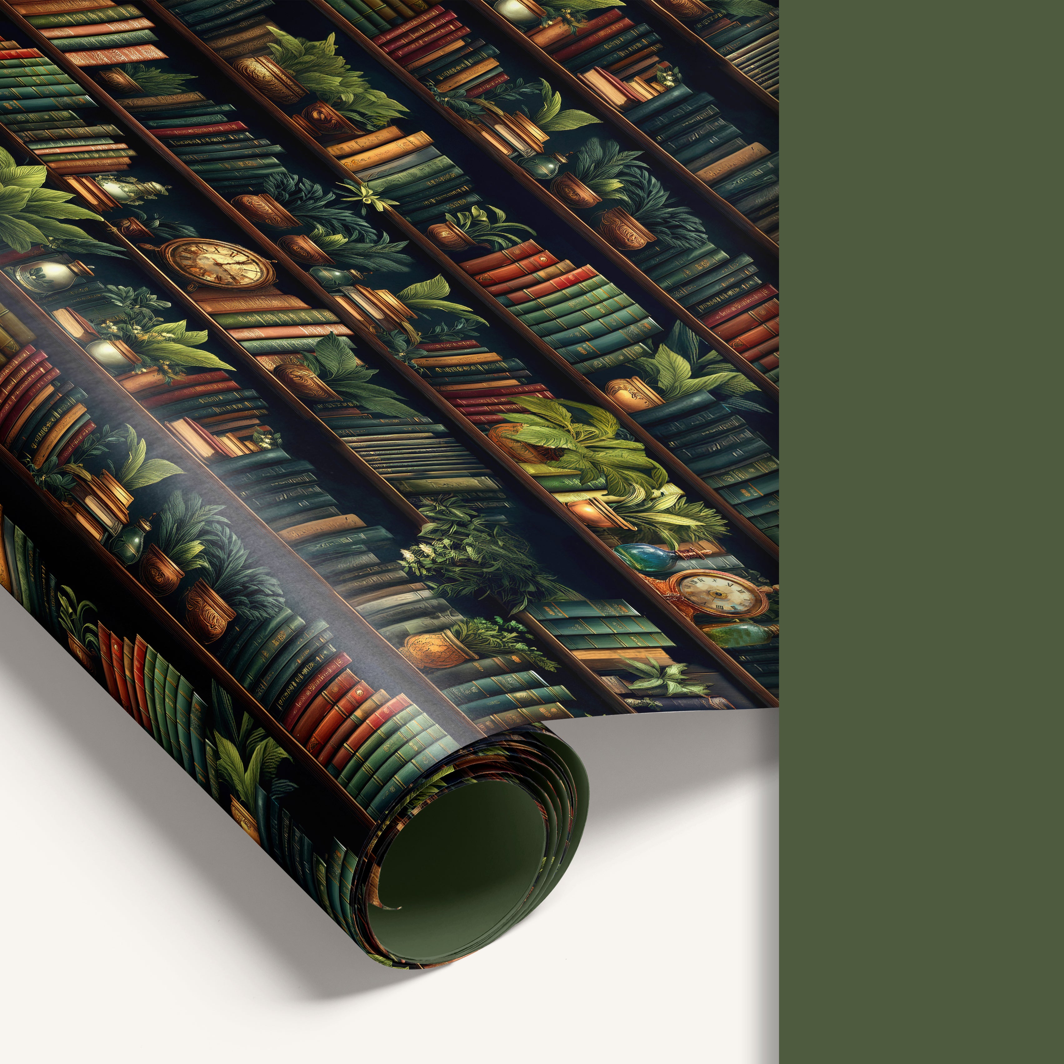 “Secret Library” double-sided wrapping paper featuring illustrated bookshelf design on one side and solid green reverse.