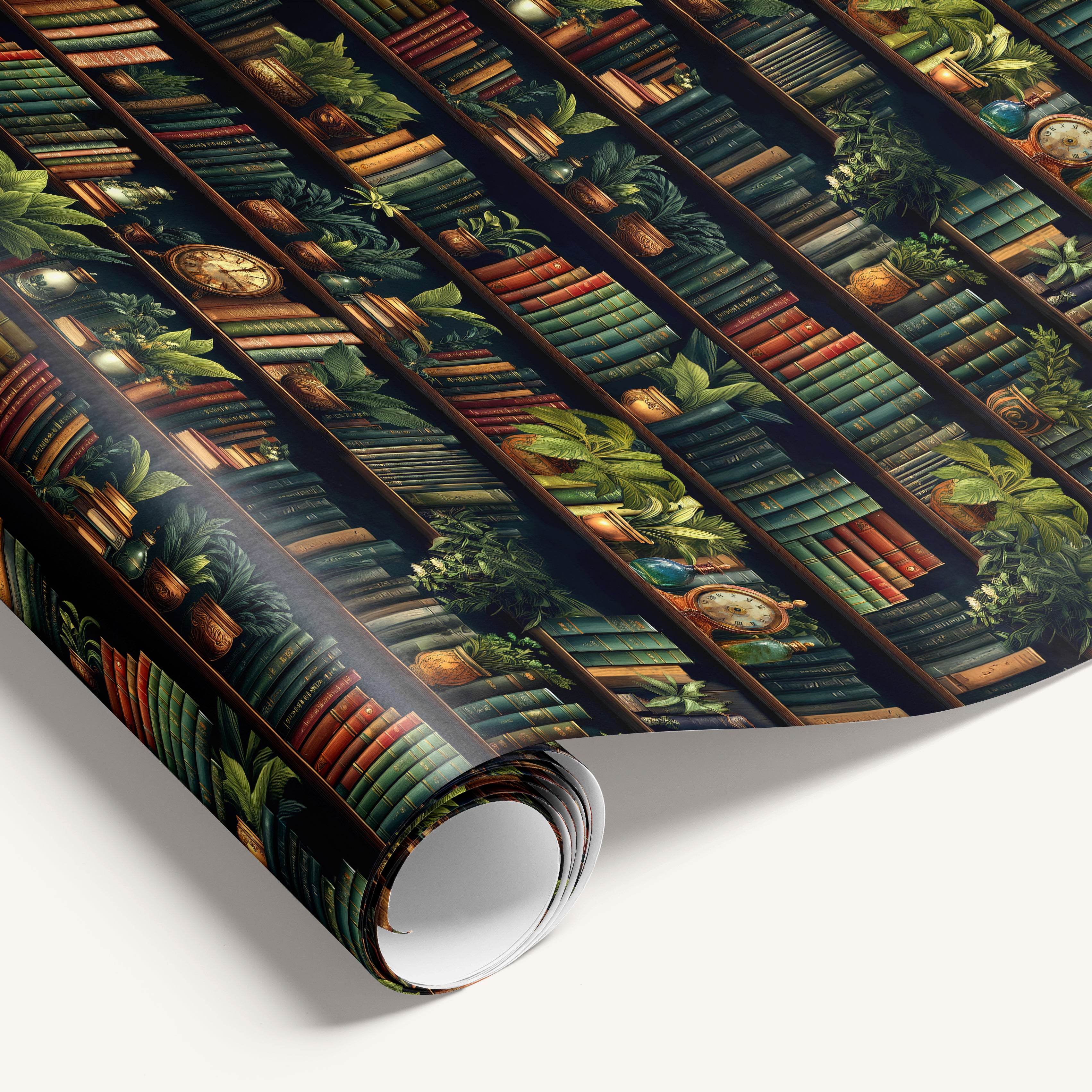 “Secret Library” wrapping paper featuring detailed illustrated bookshelf design.