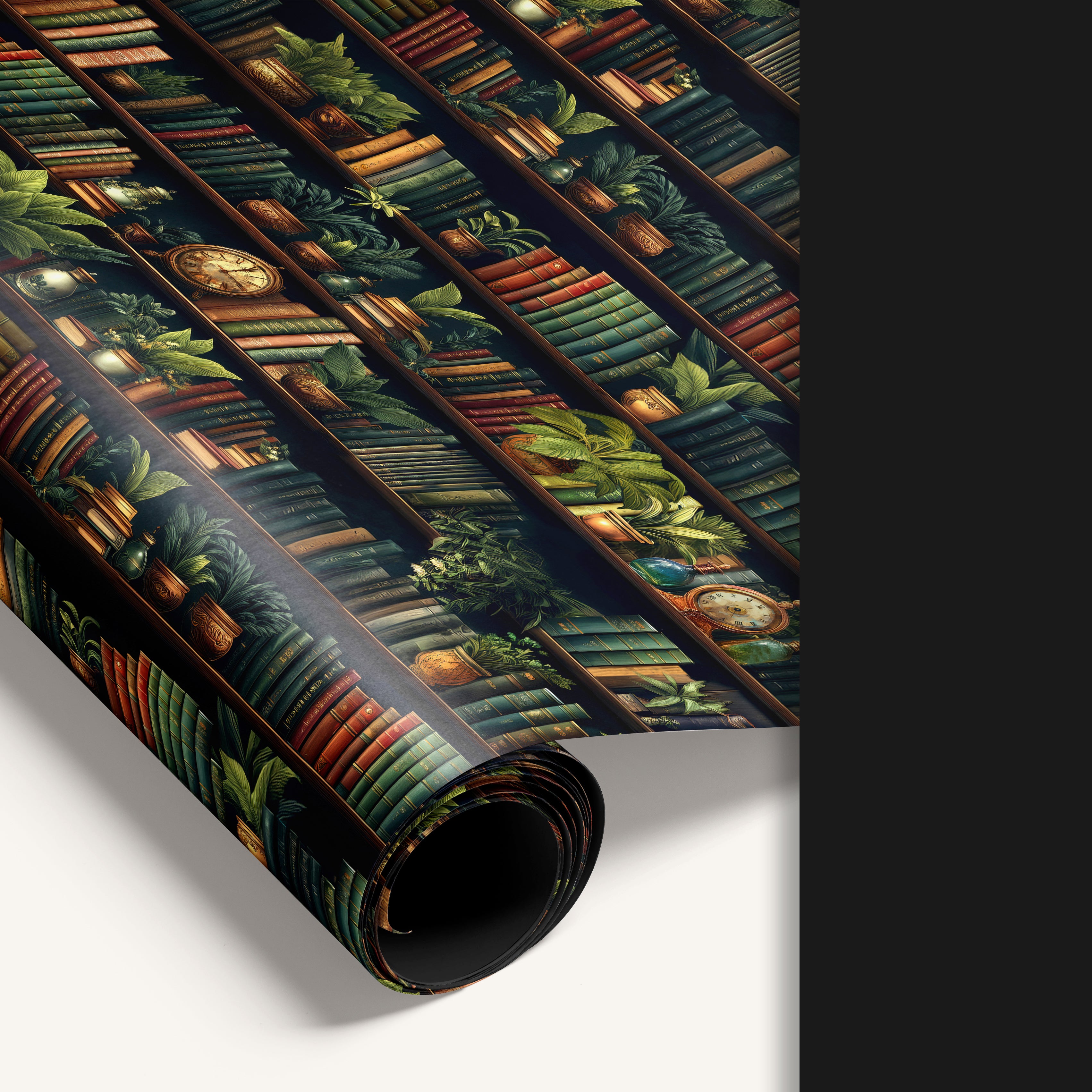 “Secret Library” double-sided wrapping paper featuring illustrated bookshelf design on one side and solid dark green reverse.