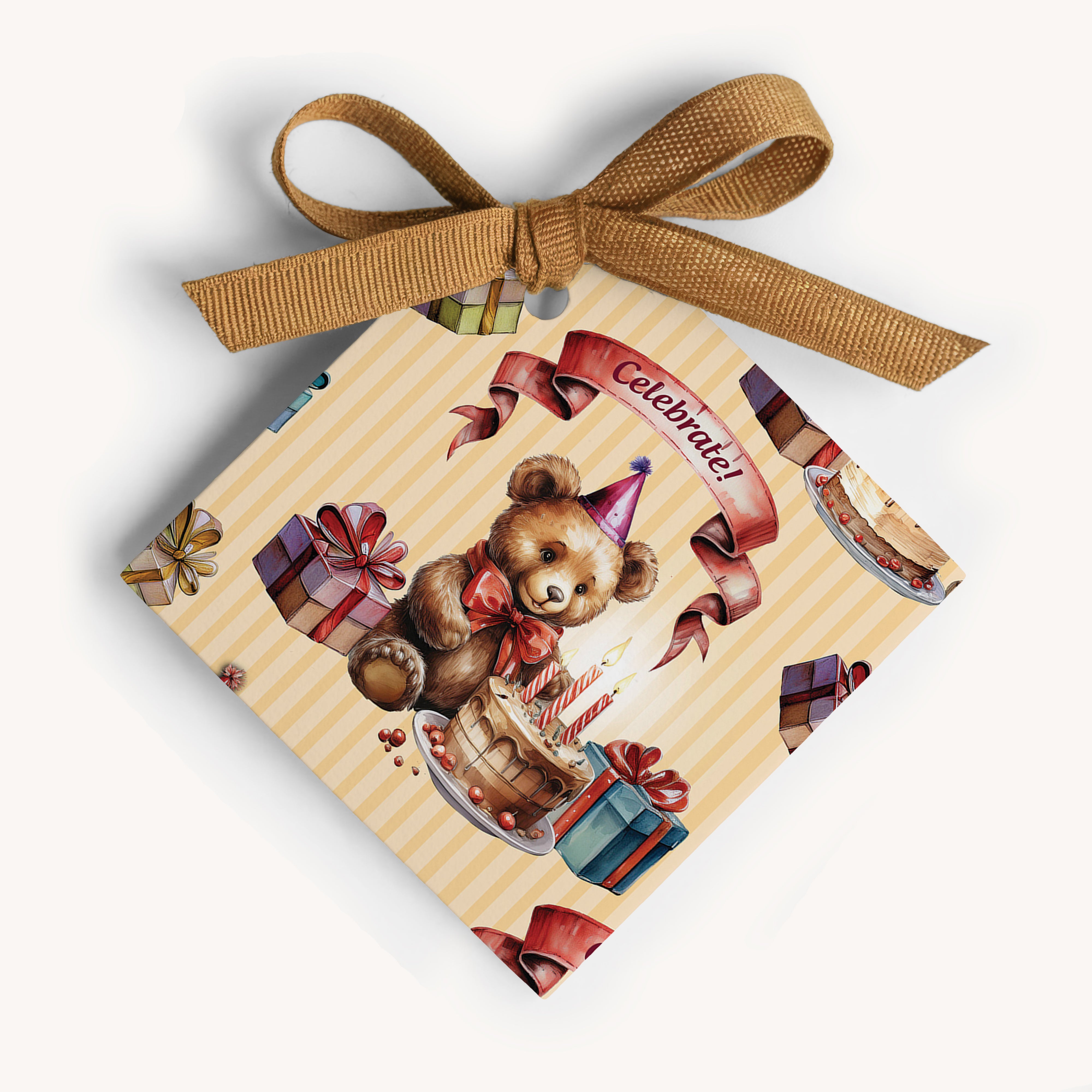 Vintage birthday teddy bear name tag with brown ribbon