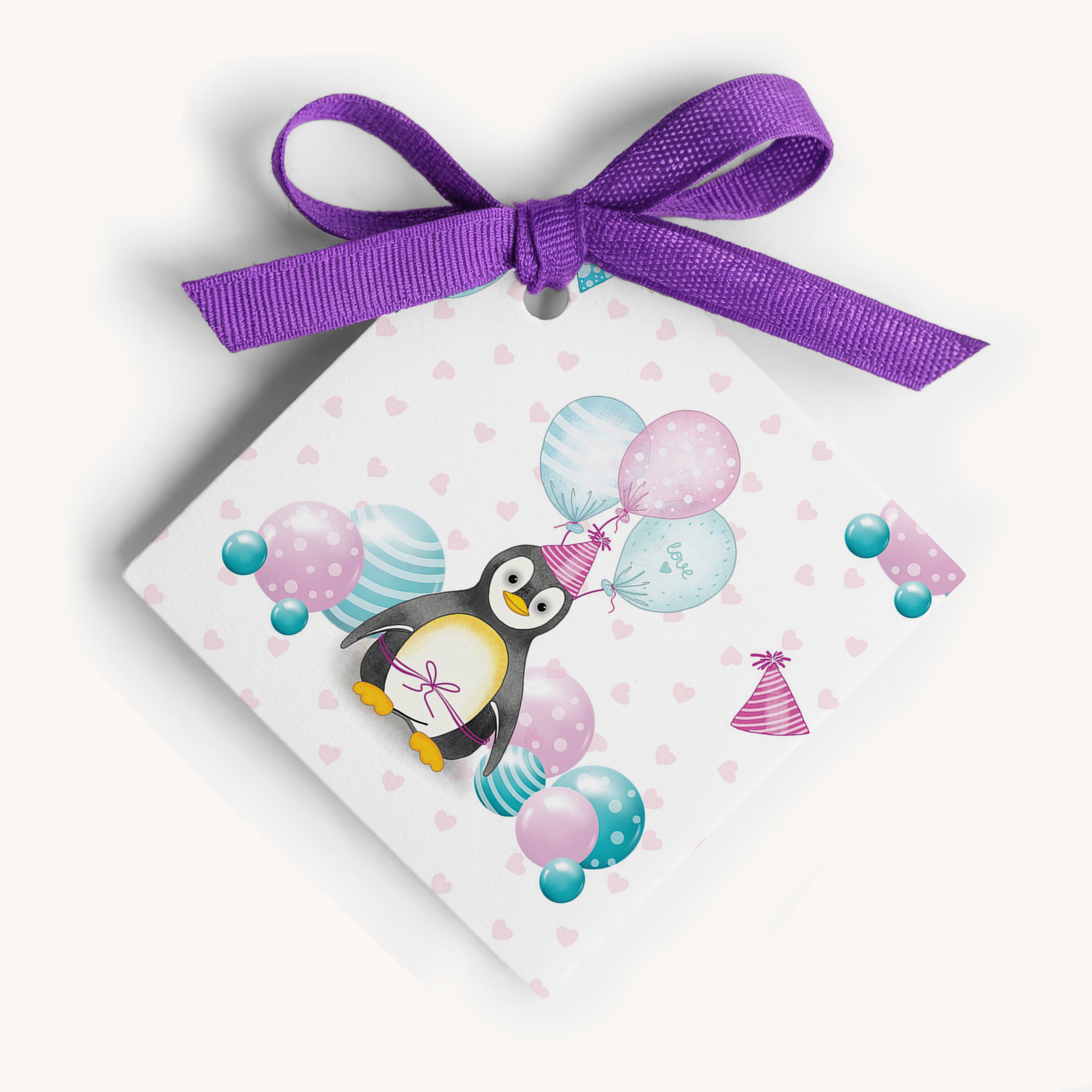 White penguin design gift name tag with purple bow.