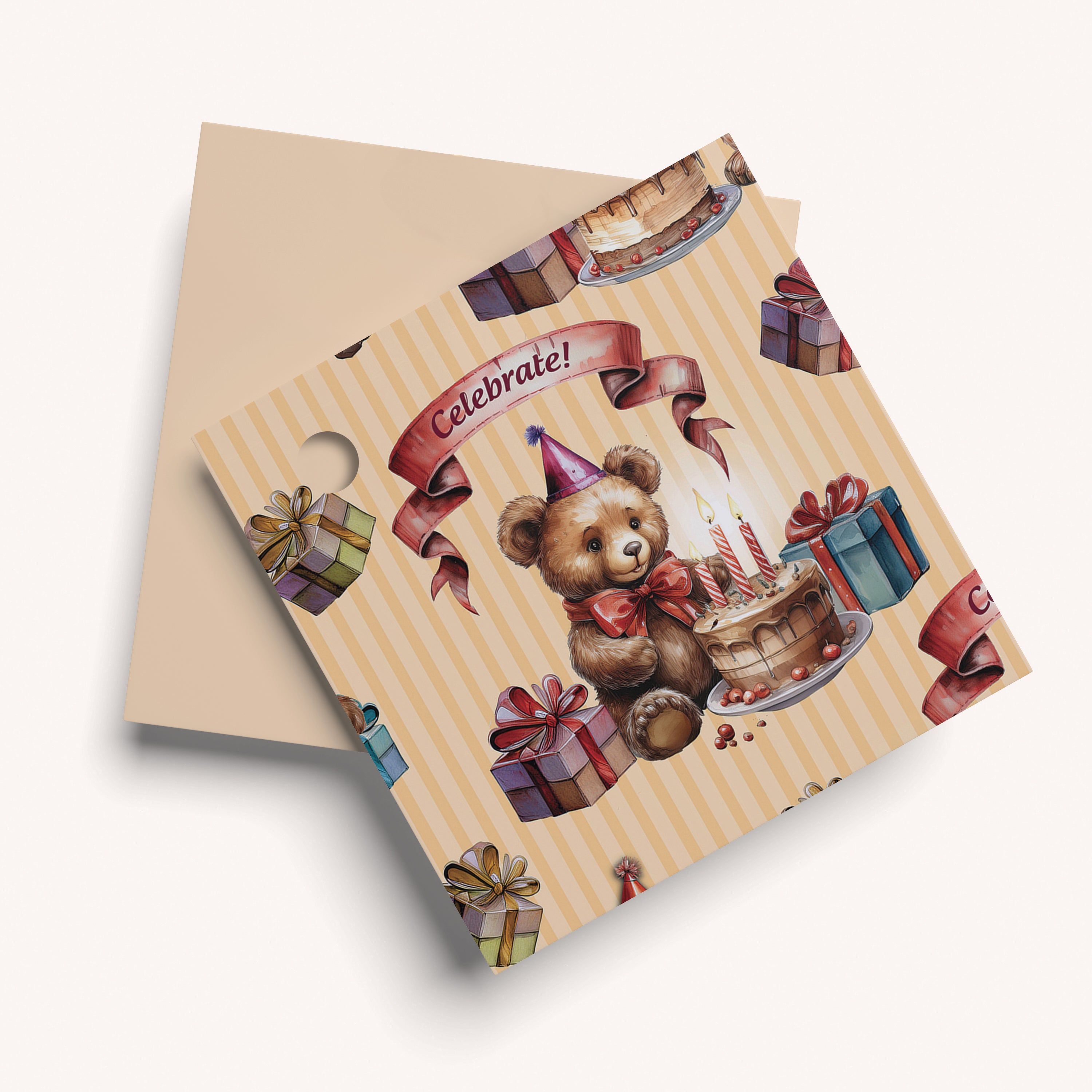 Vintage yellow stripped name tag with teddy bear design