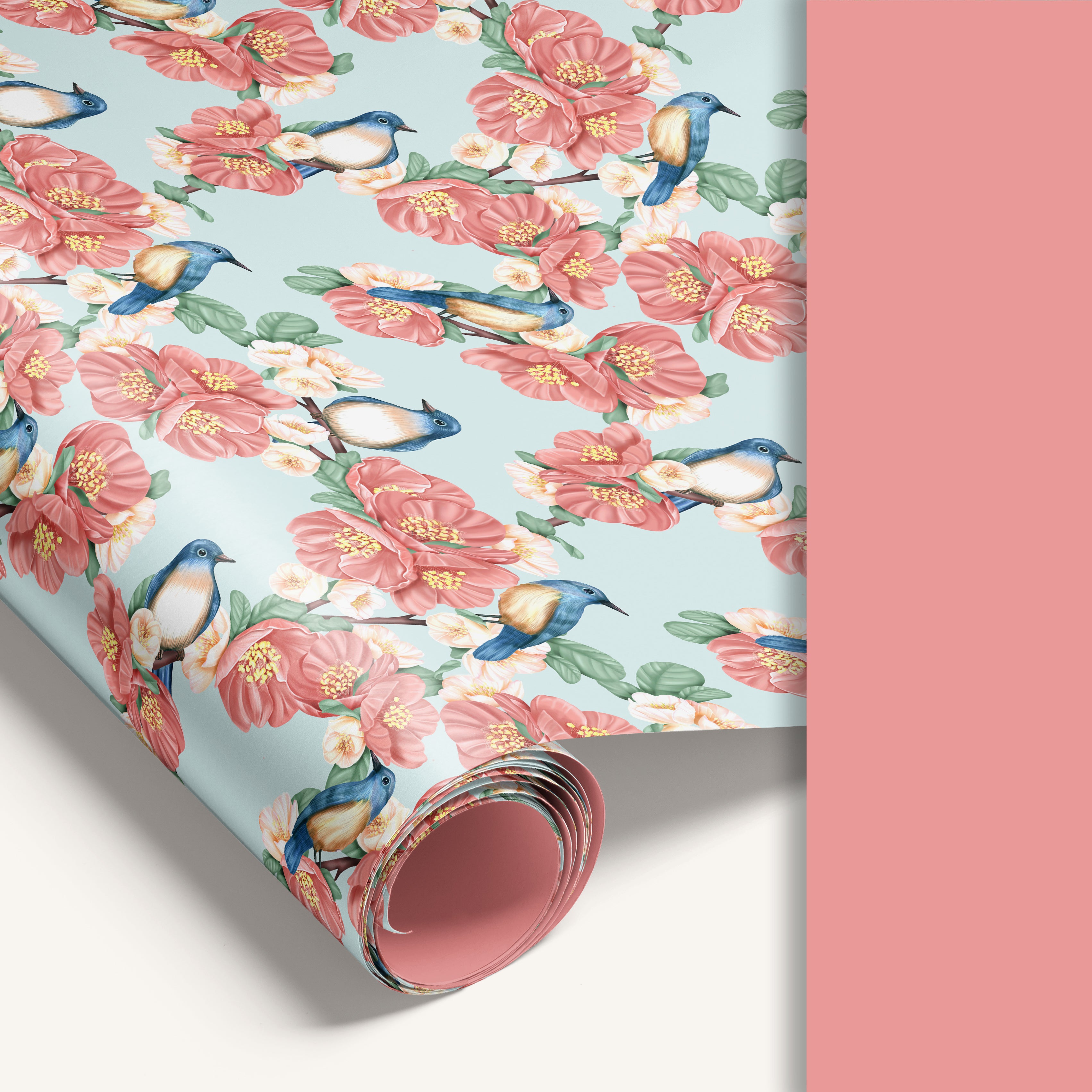Floral and bird patterned paper with a pink background