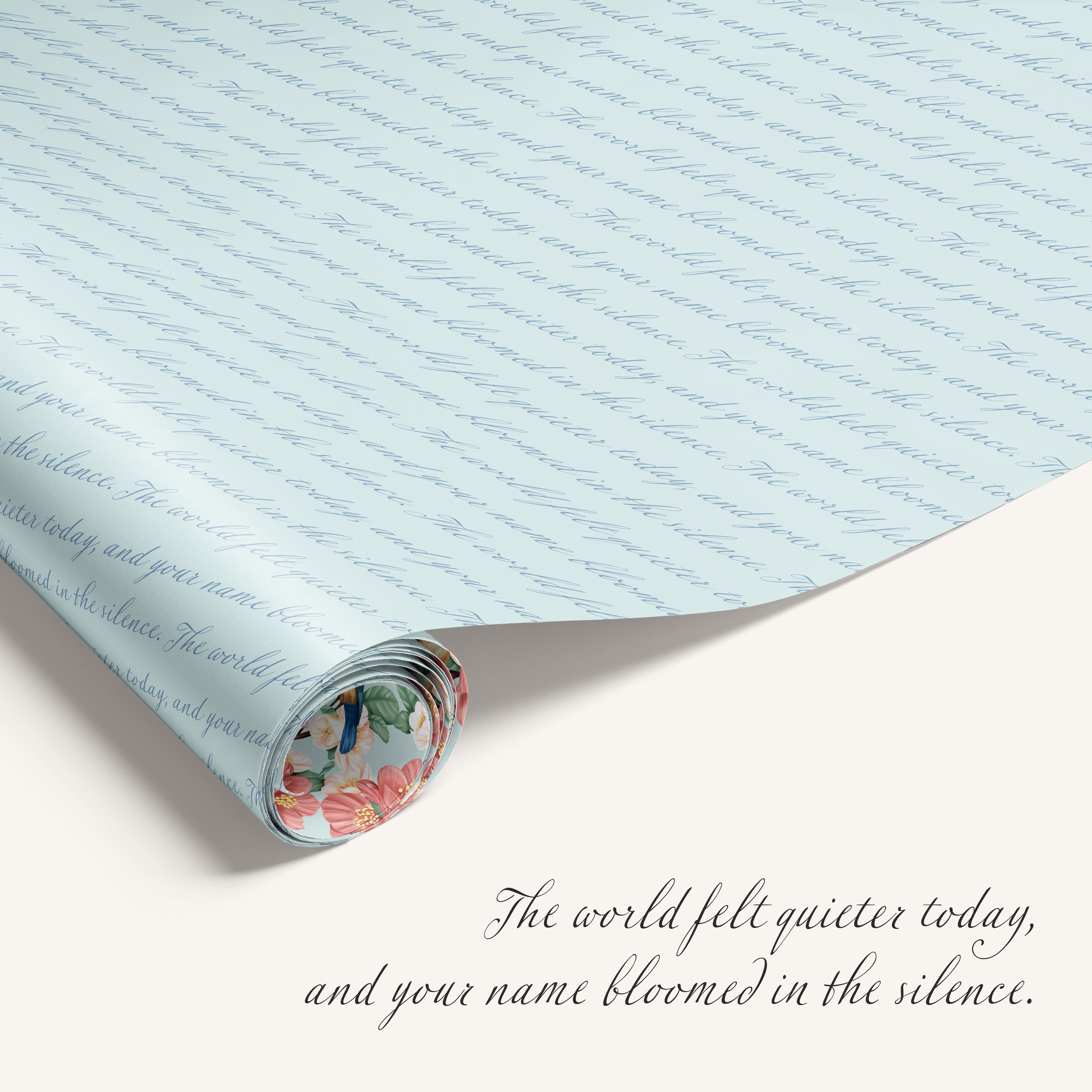 Roll of paper with floral design at the bottom and text on a light blue background