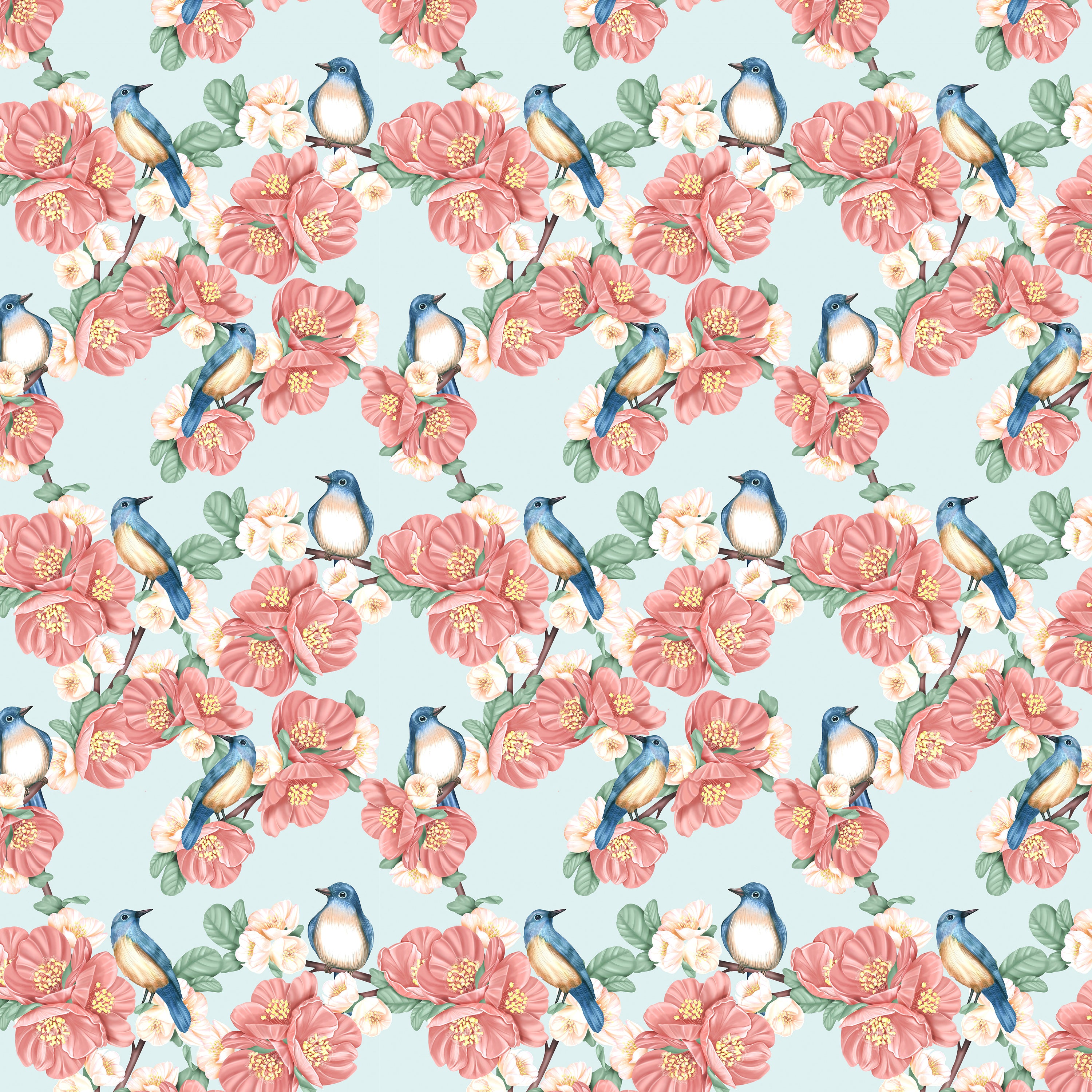 Pattern of blue birds on pink flowers with green leaves on a light blue background
