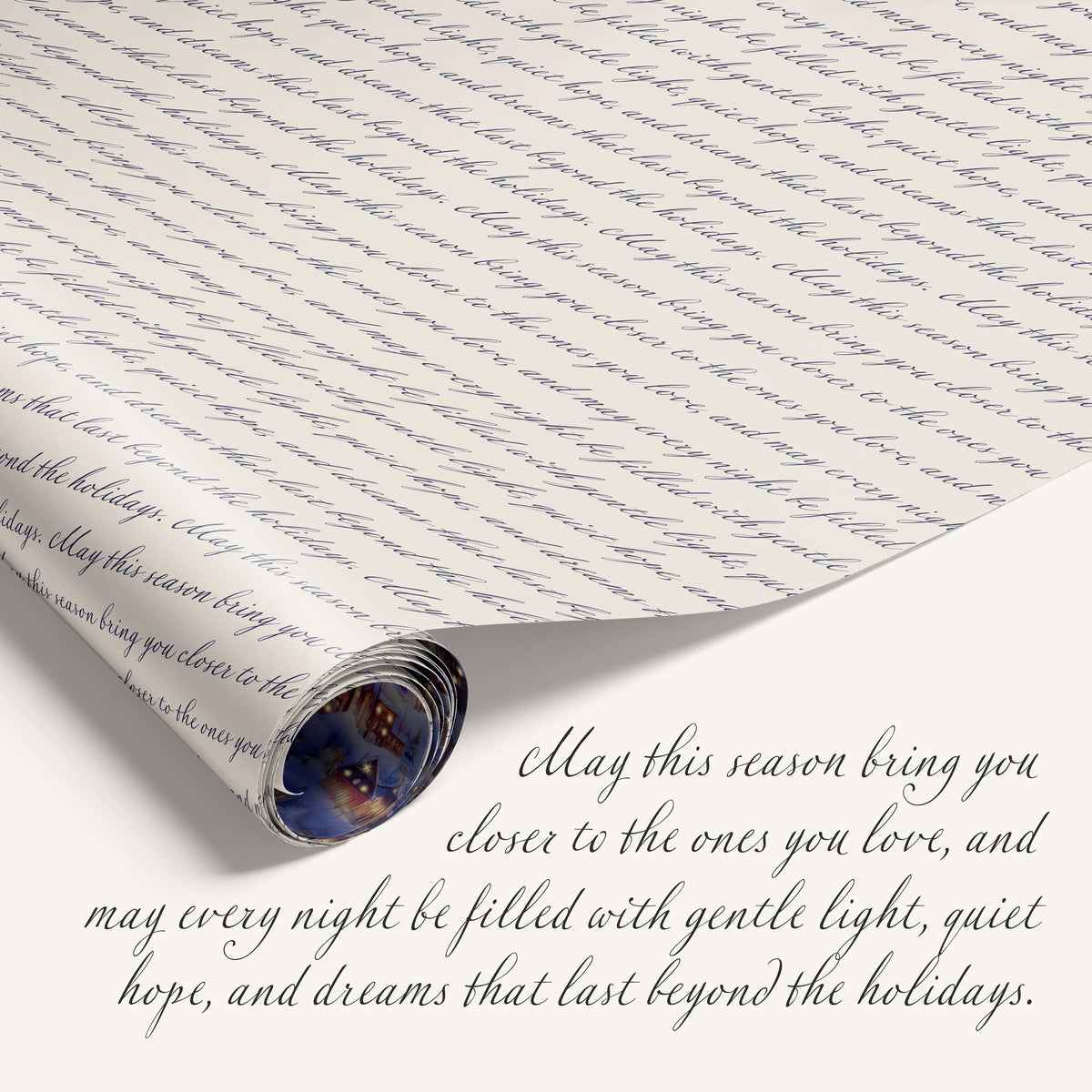Roll of wrapping paper with handwritten text and a Christmas-themed design.