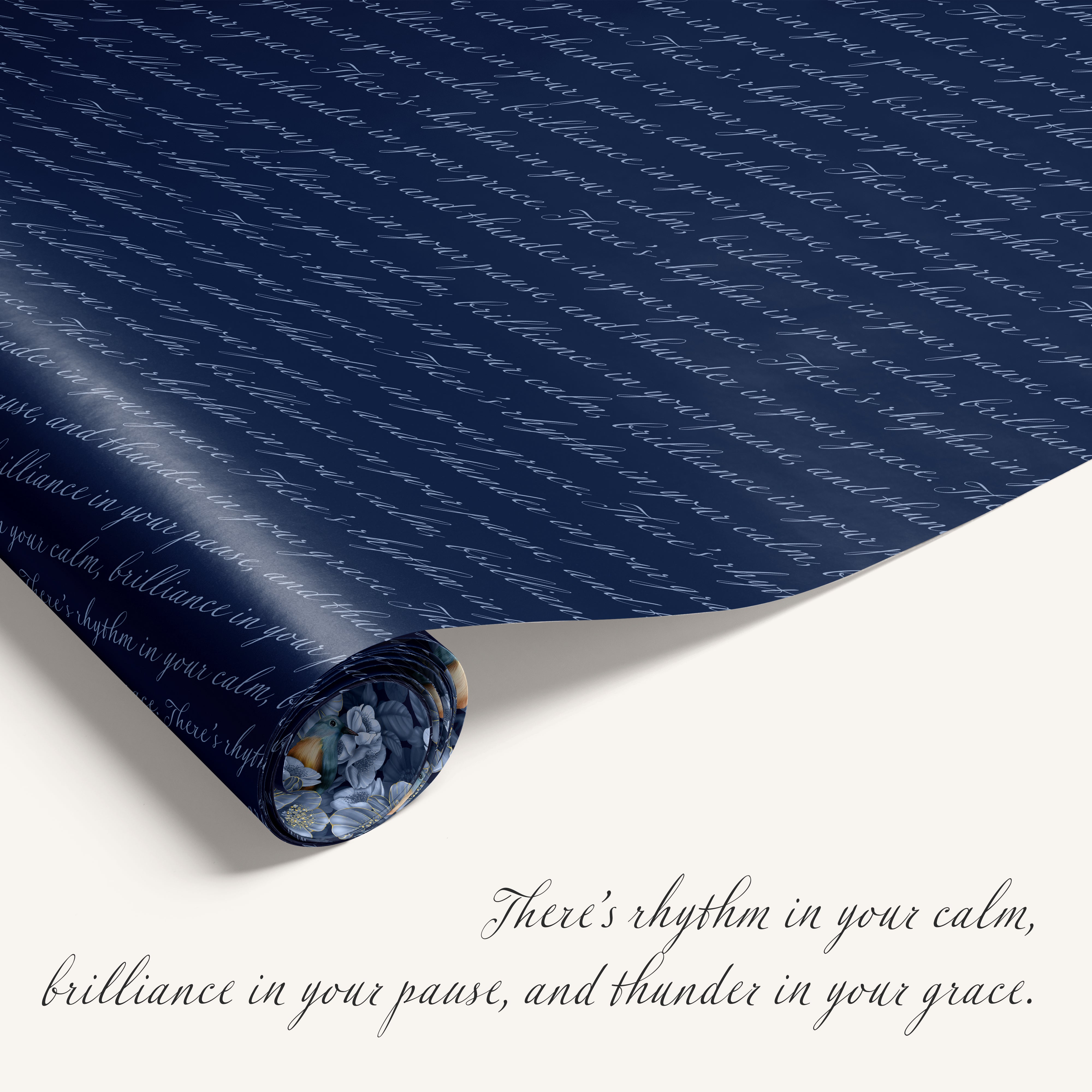 Roll of blue wrapping paper with text on a white background