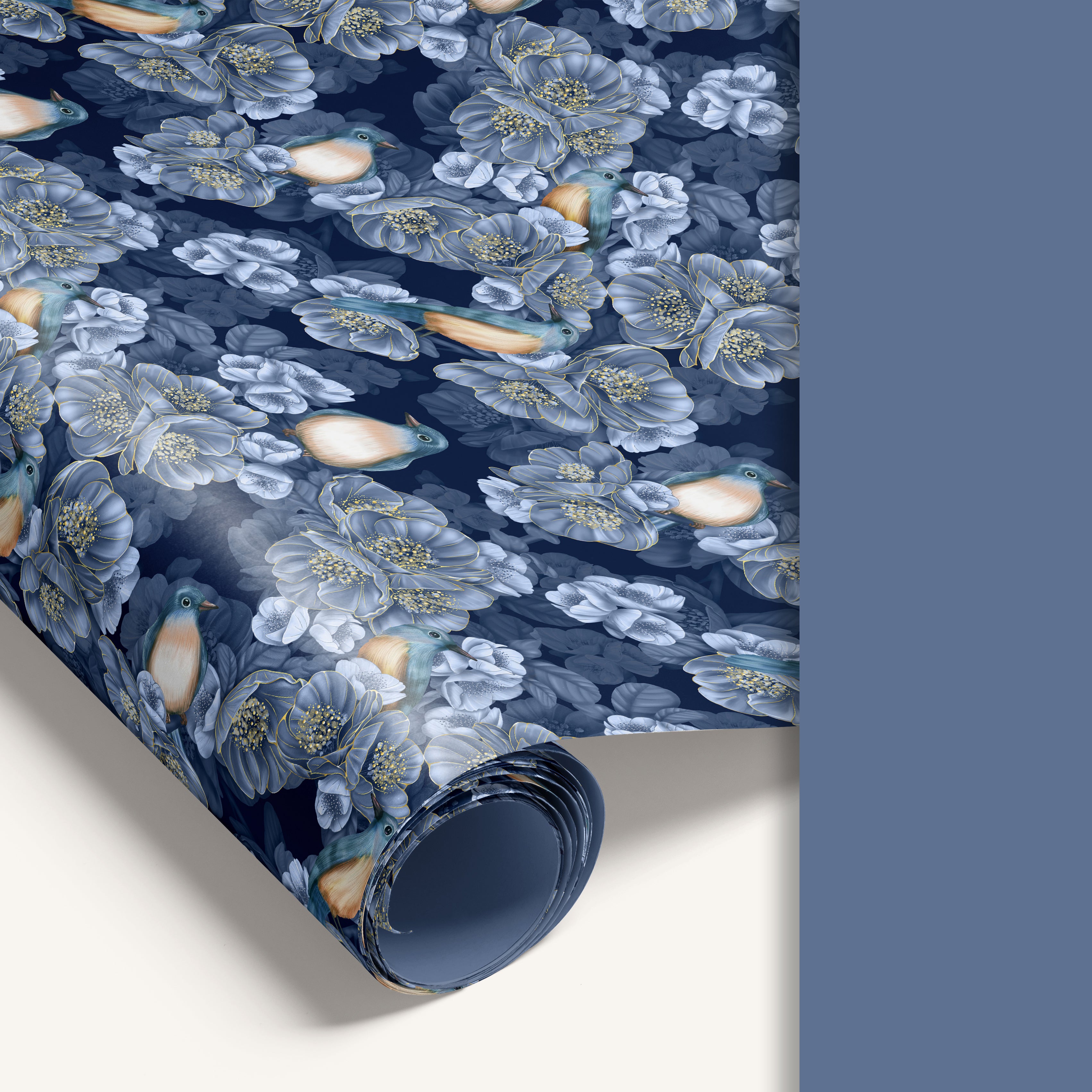 Roll of floral-patterned paper with blue and white flowers on a dark blue background