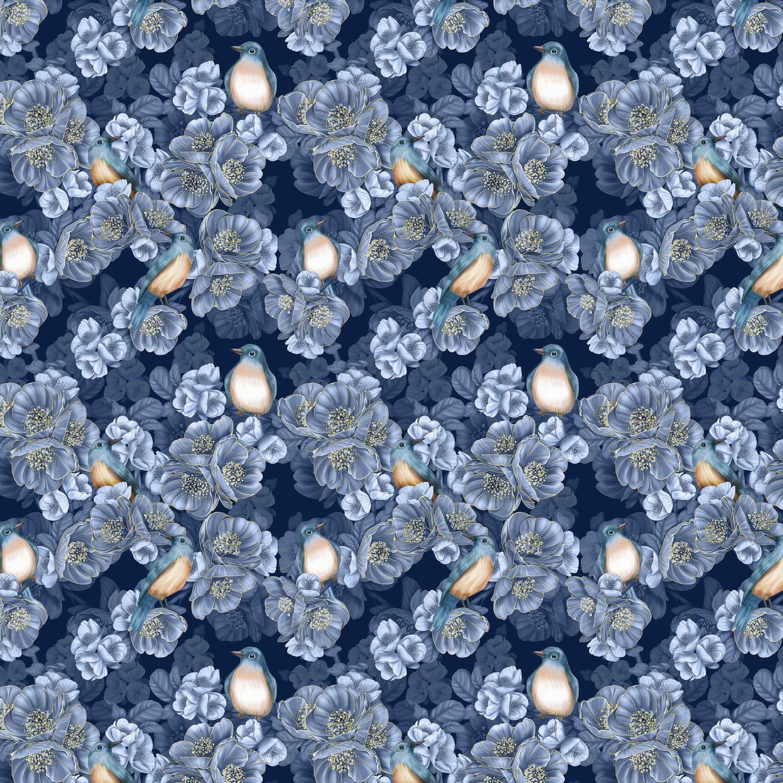 Seamless pattern of blue-toned flowers with small birds perched among the blooms on a dark navy background.