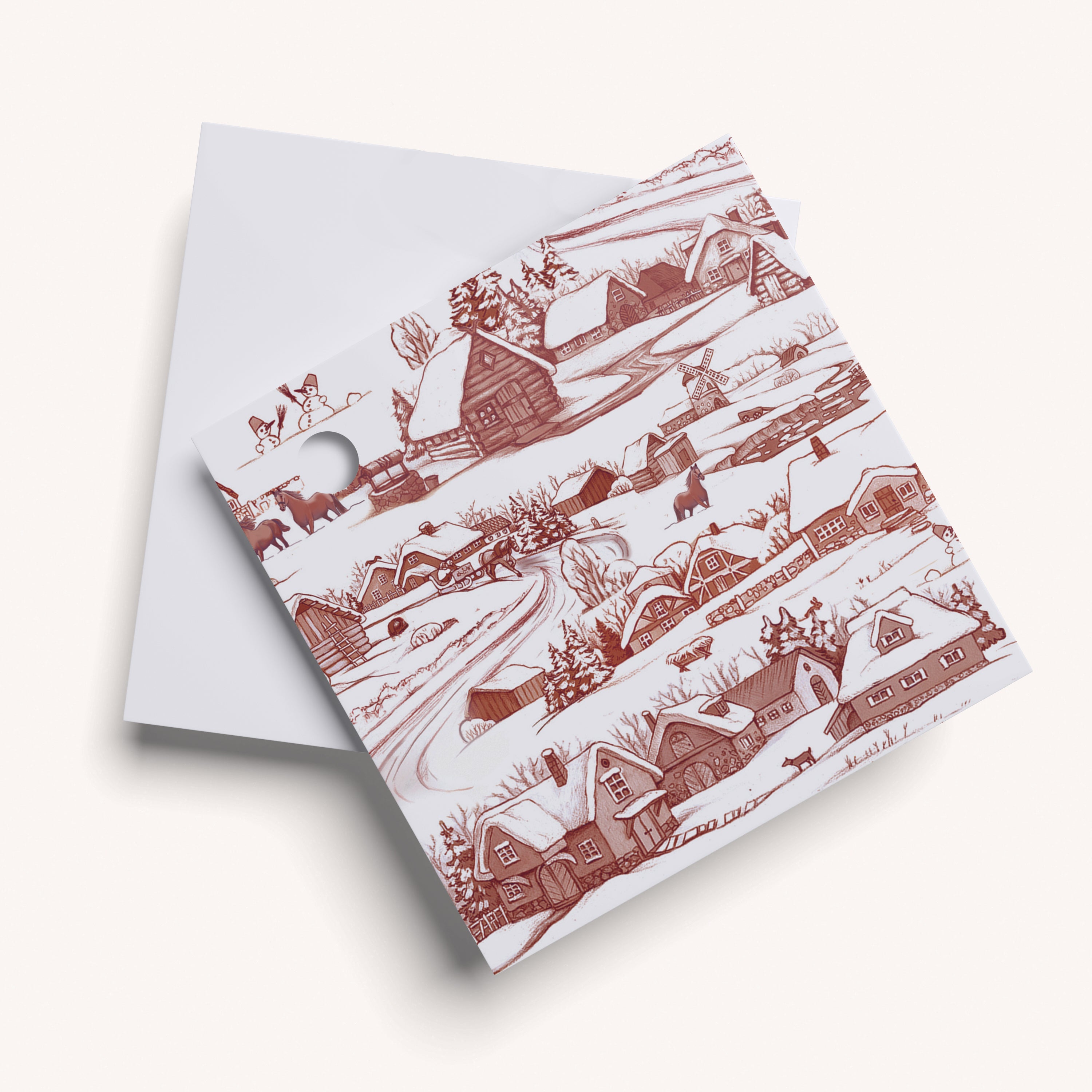 Name Tag with red winter village design on white background