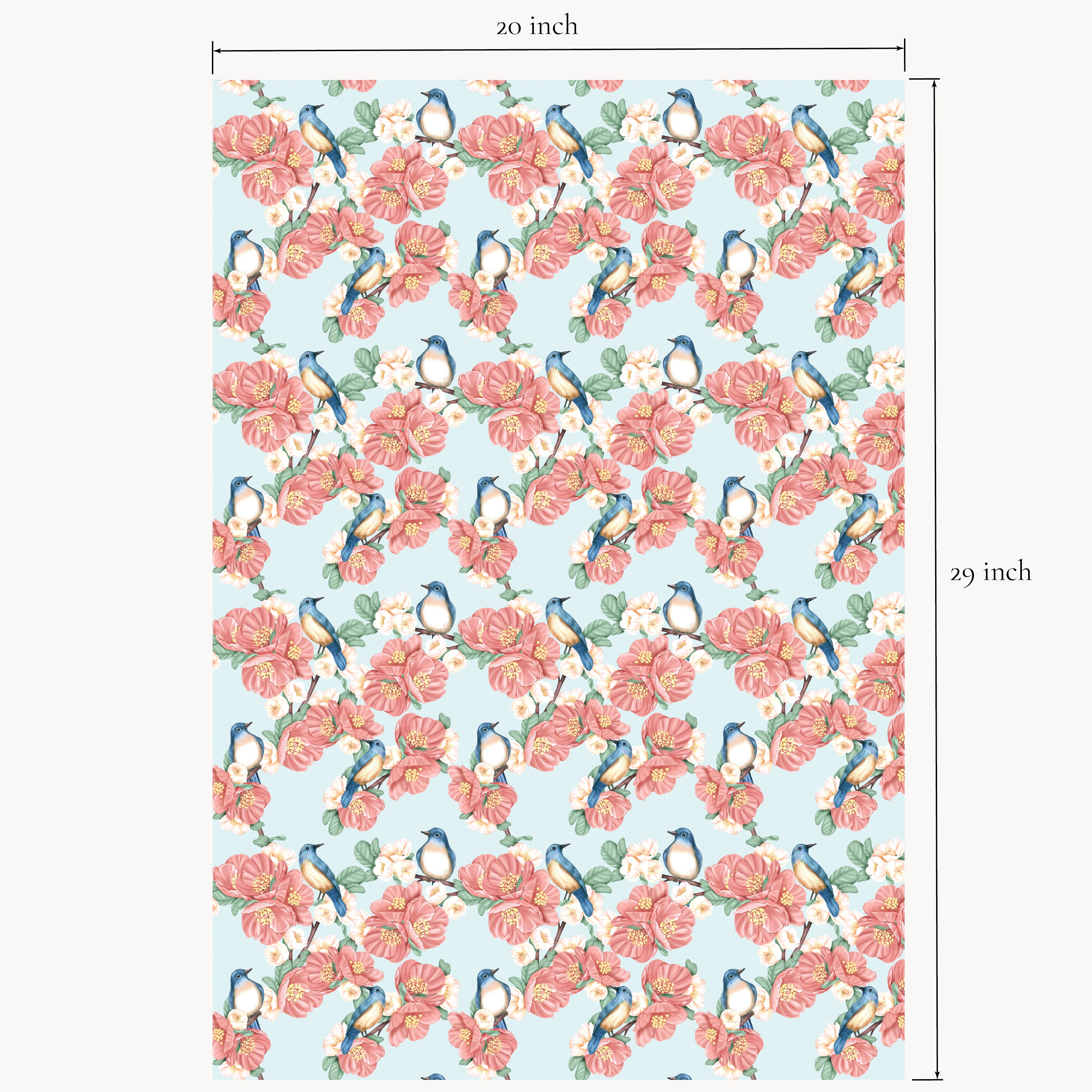 Floral and bird pattern with measurements on a blue background