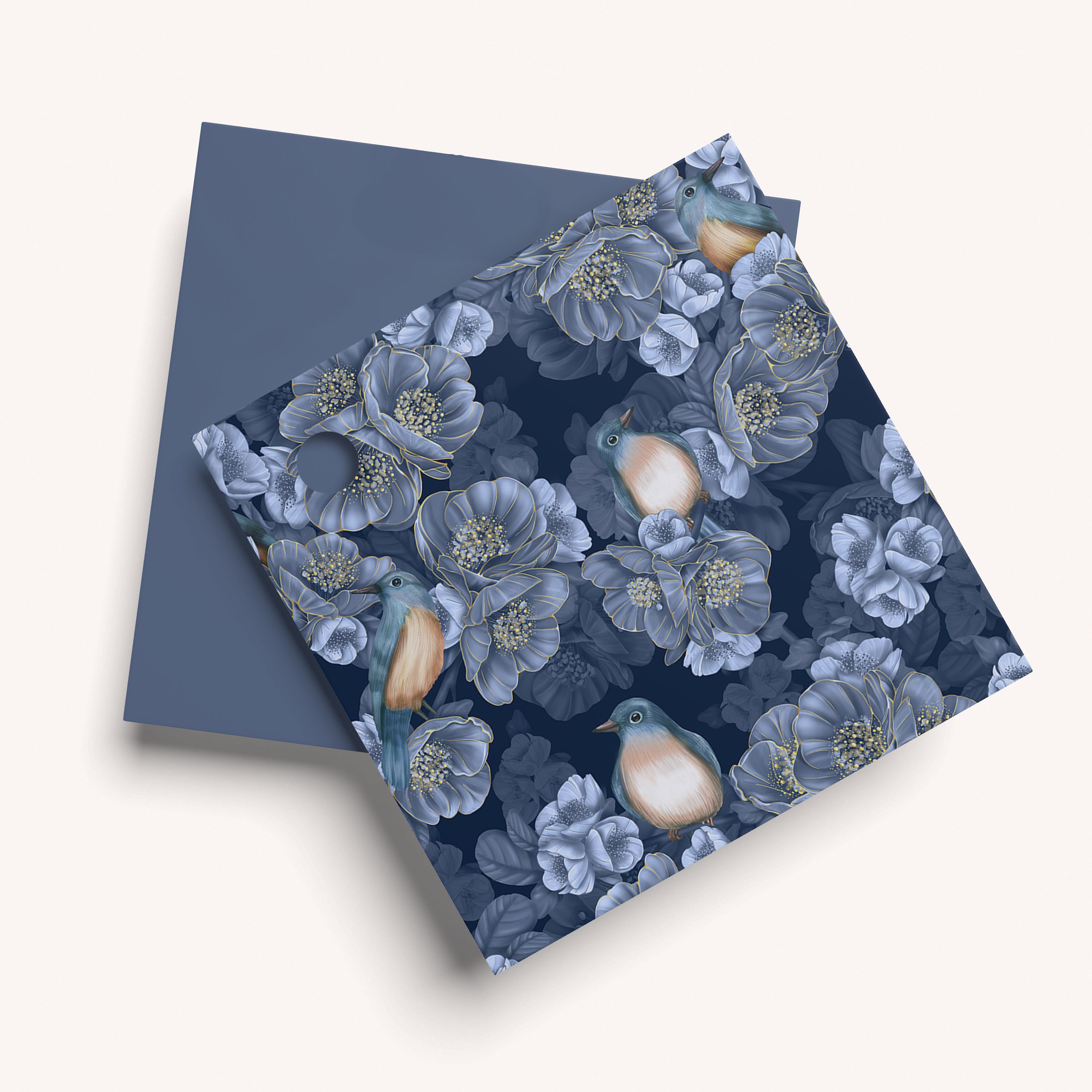 Navy blue paper with floral and bird pattern
