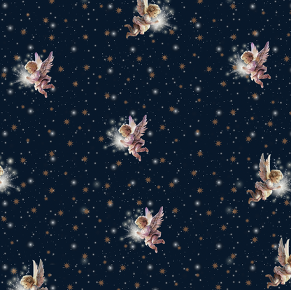 Close-up of “Angel’s Waltz” double-sided holiday wrapping paper showing detailed angel illustrations and star accents.