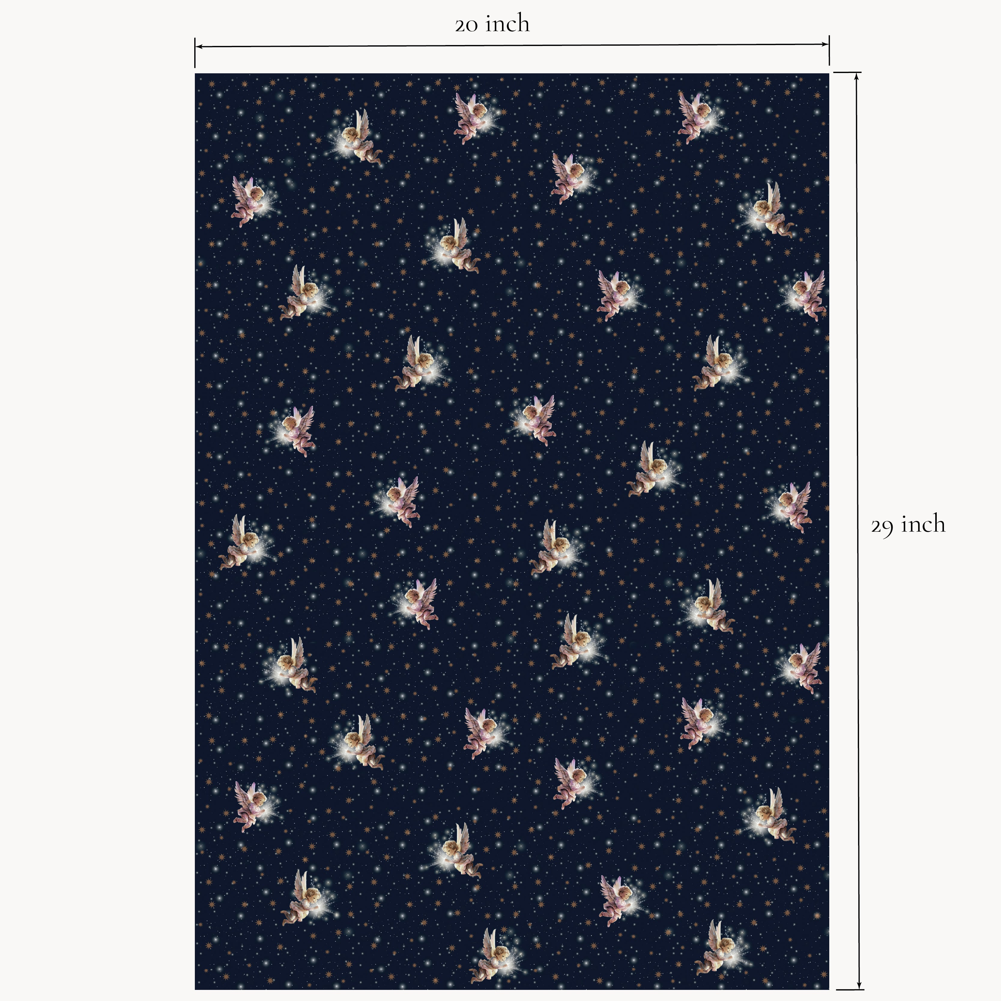 “Angel’s Waltz” double-sided holiday wrapping paper sheet shown flat with added measurements, featuring angel illustrations.